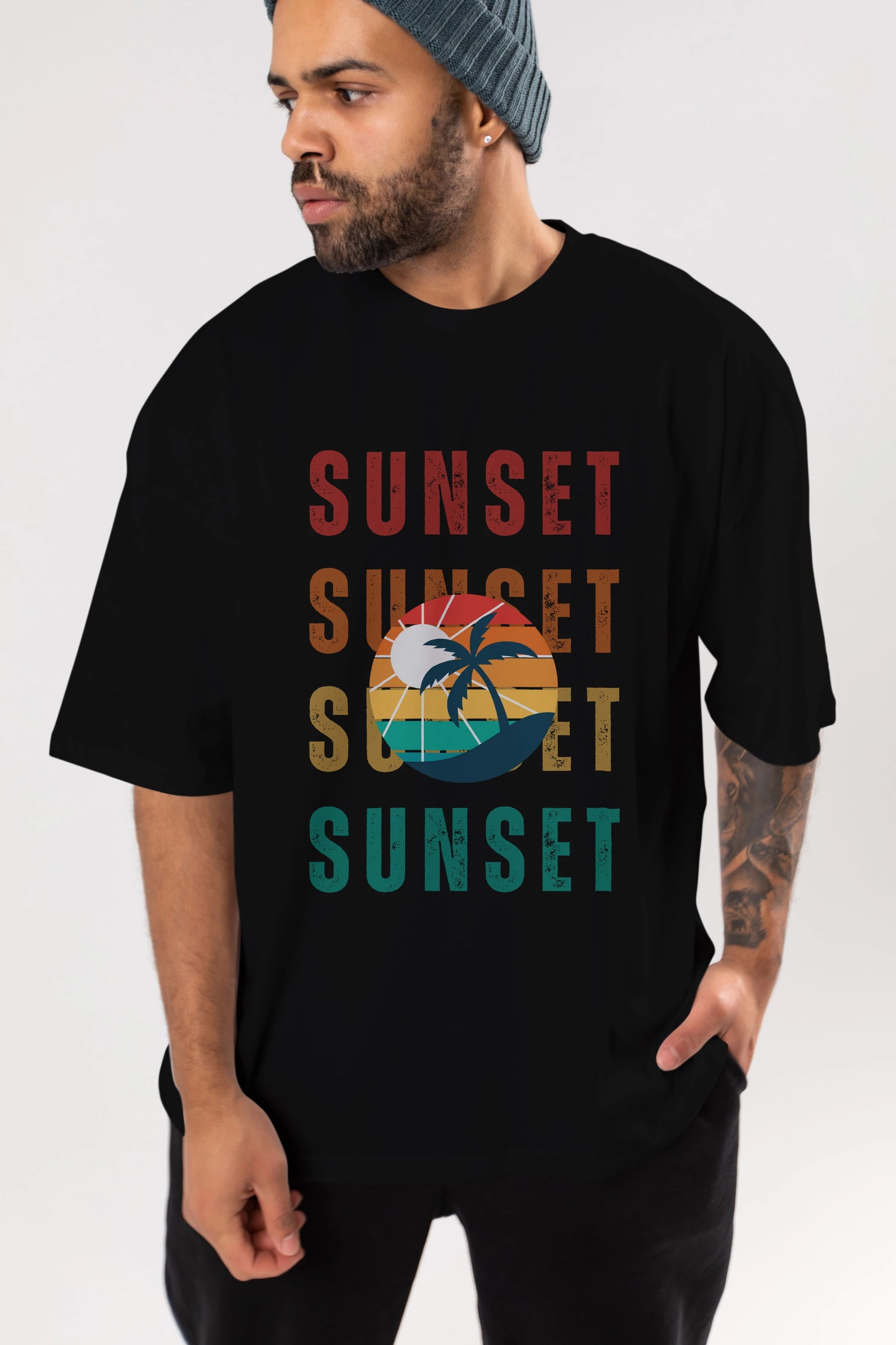 Sunset Yazılı Ön Baskılı Oversize t-shirt Erkek Kadın Unisex