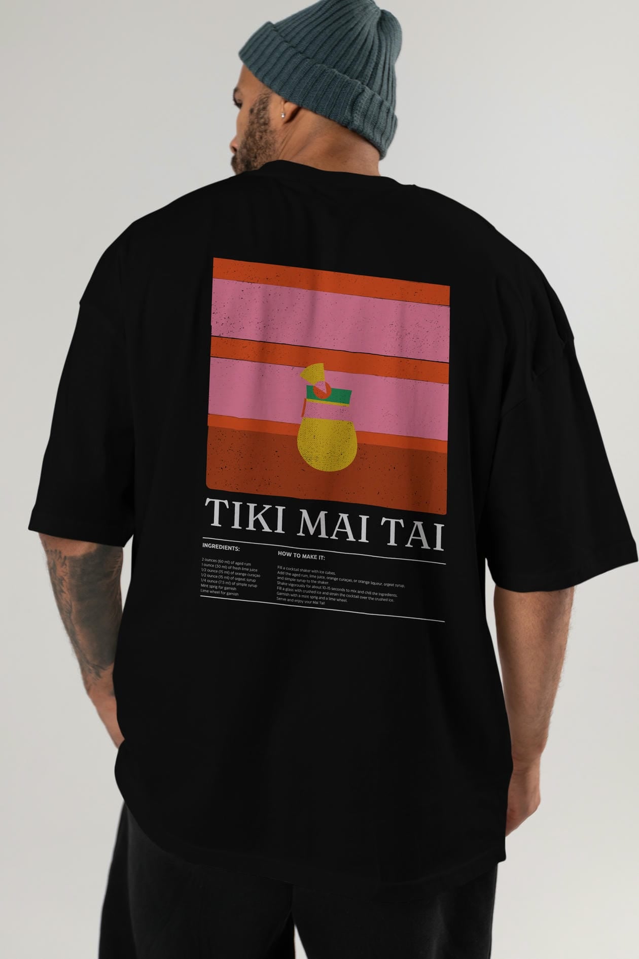 Tiki Mai Tai Kokteyl Serisi Arka Baskılı Oversize t-shirt Erkek Kadın %100 Pamuk Bisiklet Yaka tişort