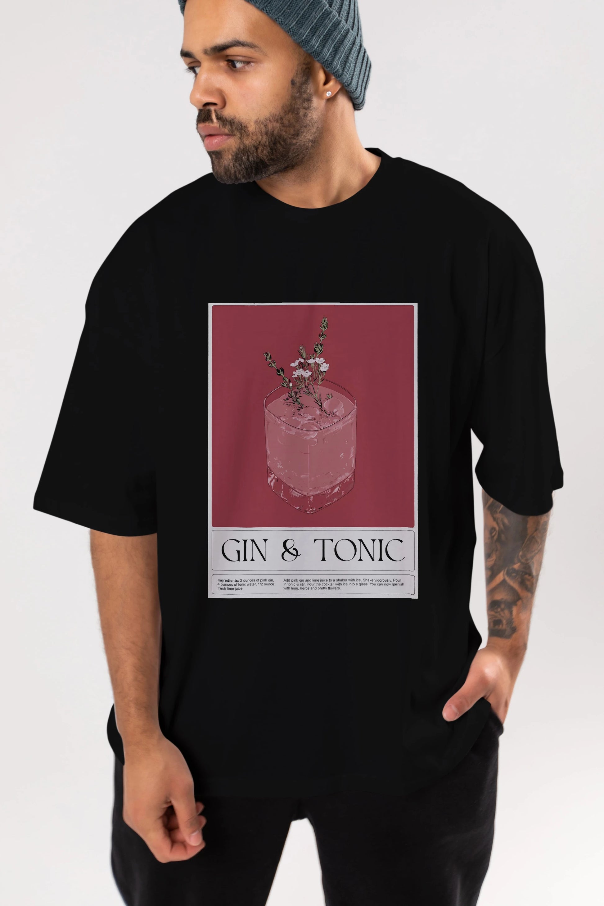 Gin Tonic 4 Ön Baskılı Oversize t-shirt Erkek Kadın Unisex %100 Pamuk Bisiklet Yaka tişort
