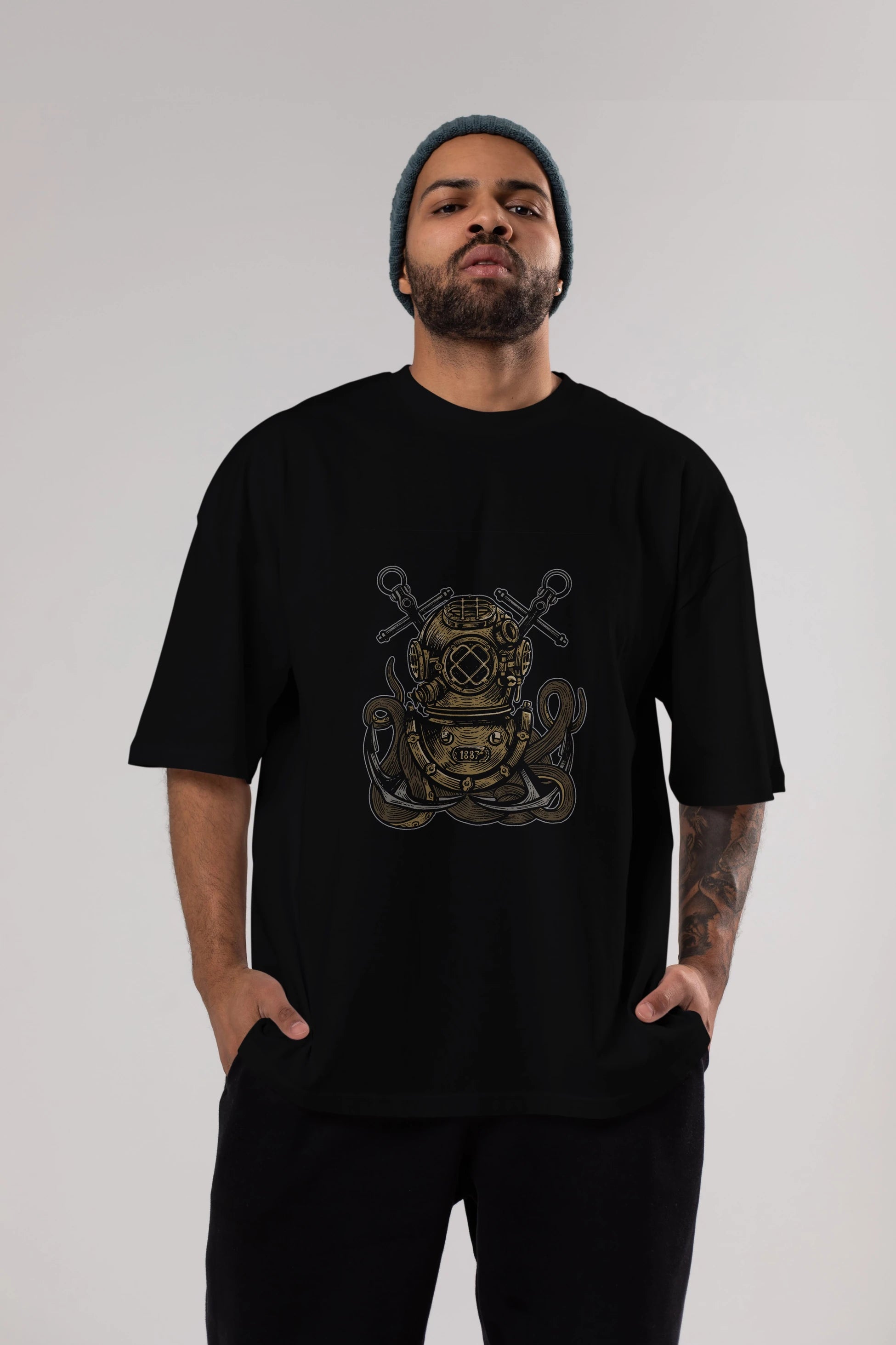 Diver Octopus Ön Baskılı Oversize t-shirt Erkek Kadın Unisex %100 Pamuk tişort