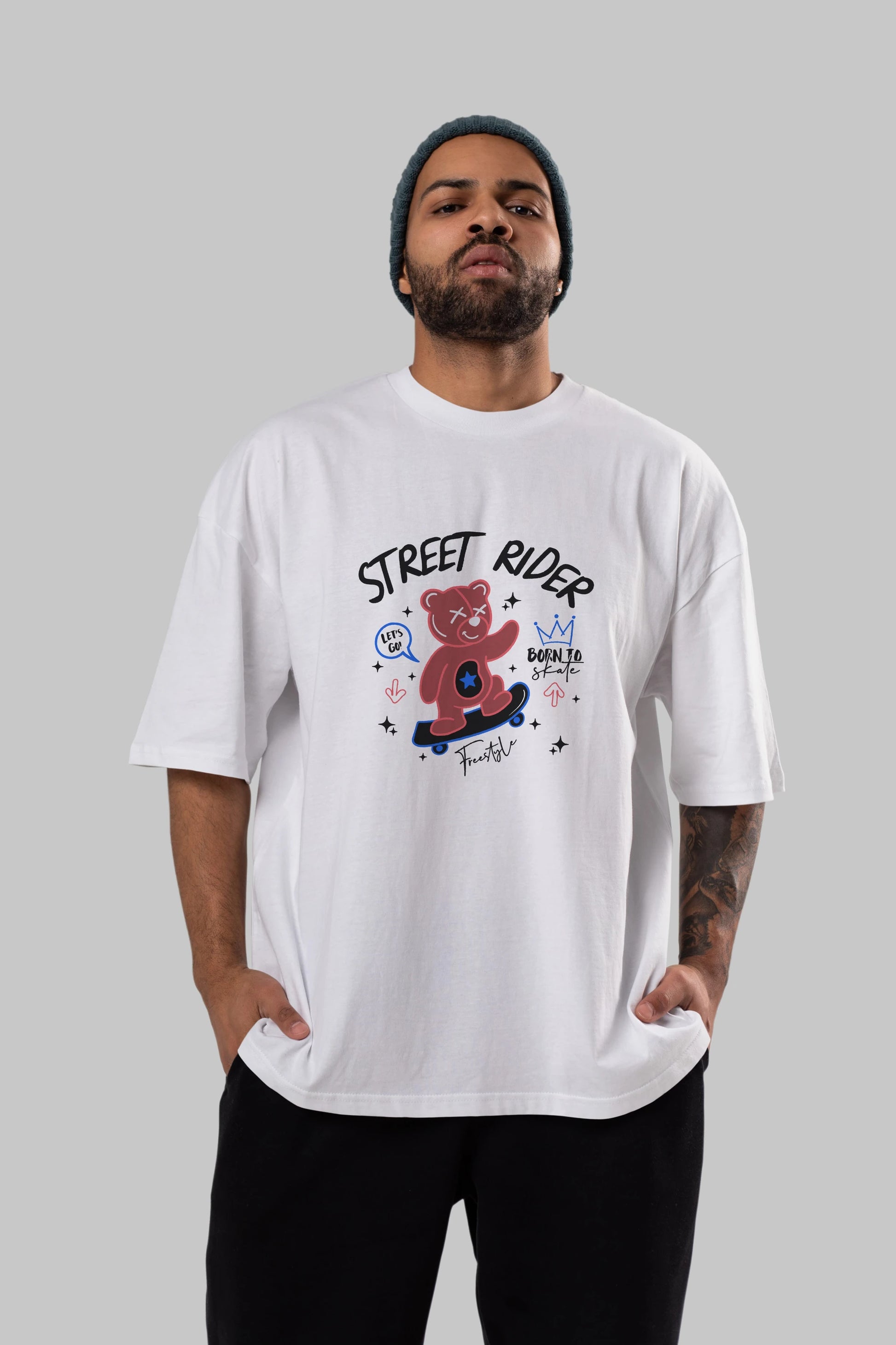 Street Rider Bear Ön Baskılı Oversize t-shirt Erkek Kadın Unisex
