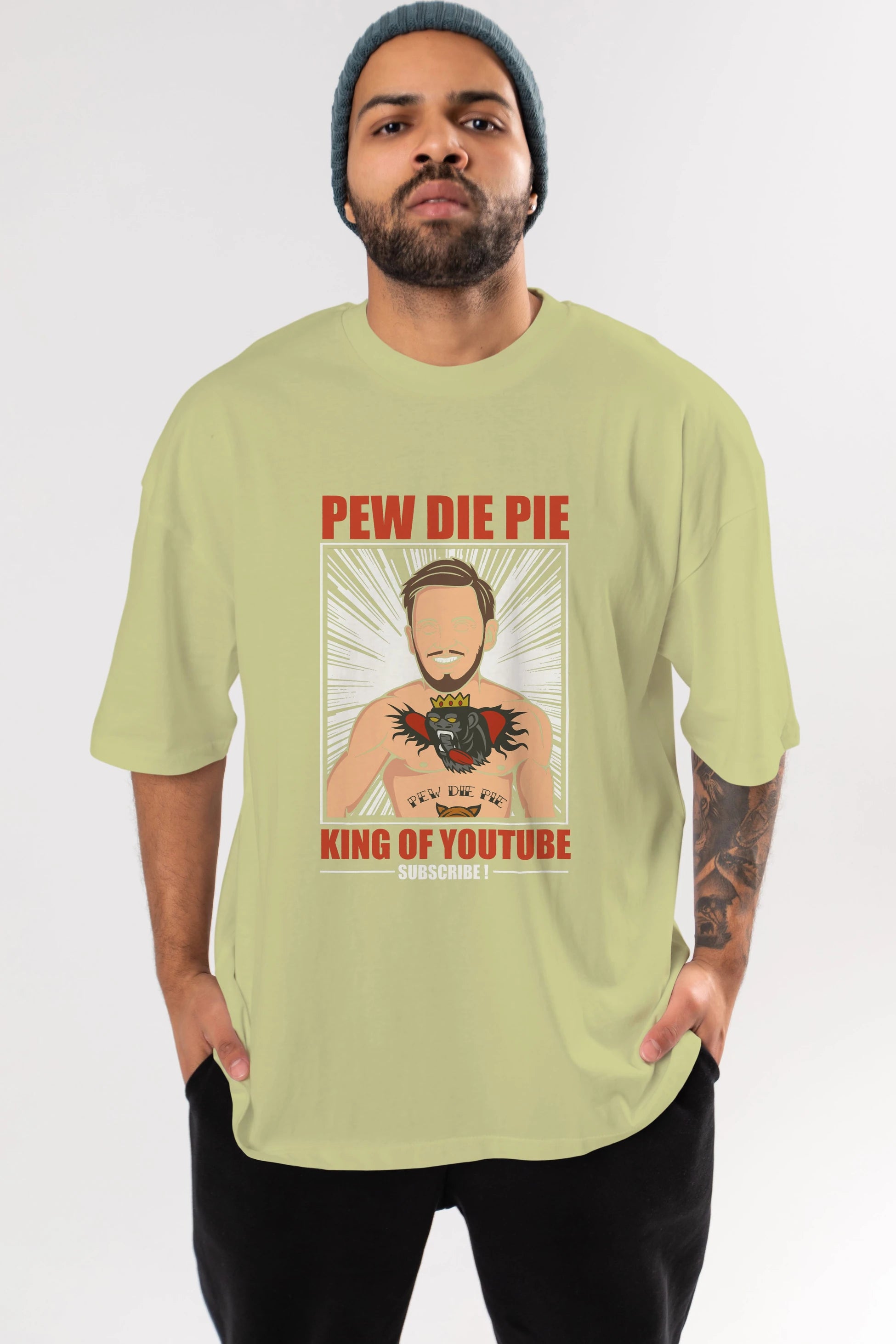 Pew Die Pie Fighter Ön Baskılı Oversize t-shirt Erkek Kadın Unisex %100 Pamuk tişort