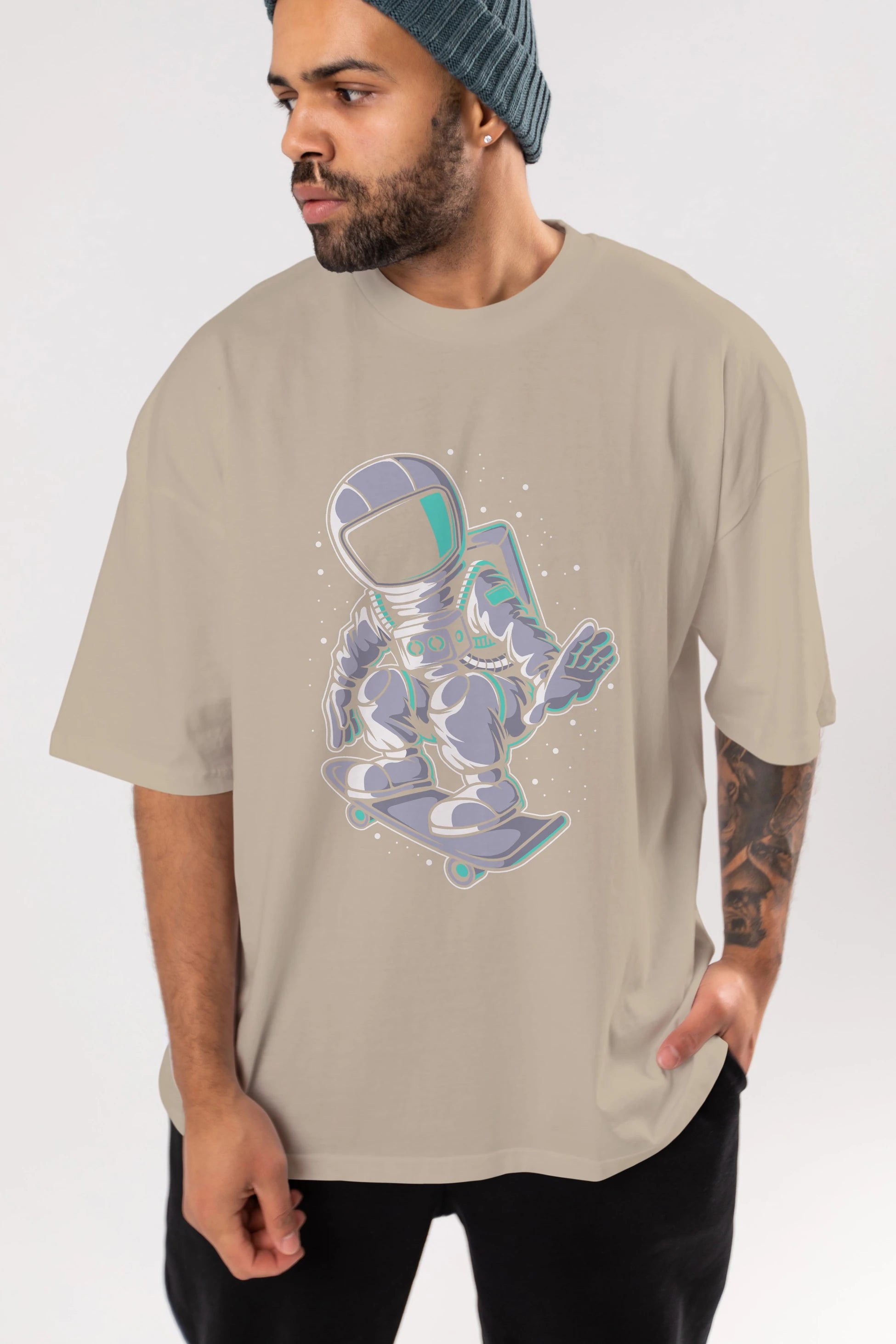 Astronaut Skater Ön Baskılı Oversize t-shirt Erkek Kadın Unisex