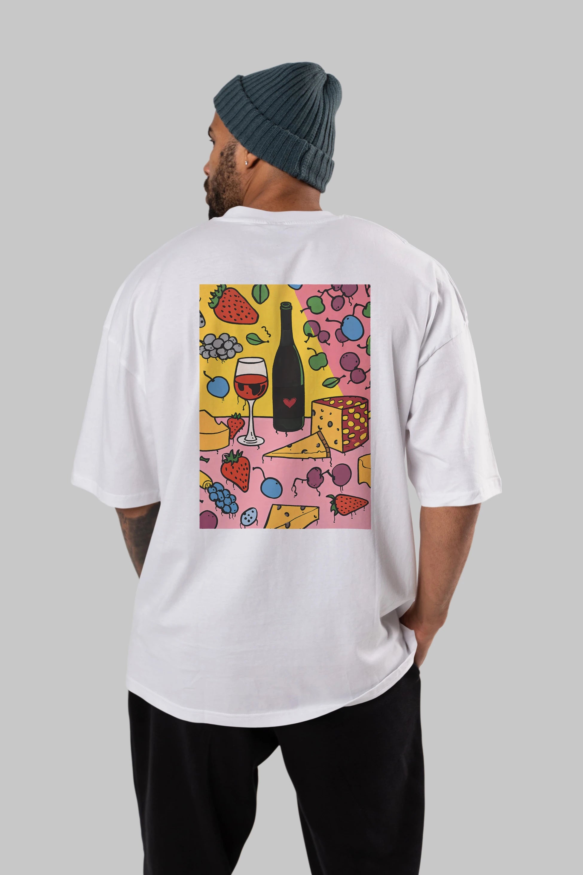Wine Cheese Fruits Arka Baskılı Oversize t-shirt Erkek Kadın Unisex %100 Pamuk Bisiklet Yaka tişort