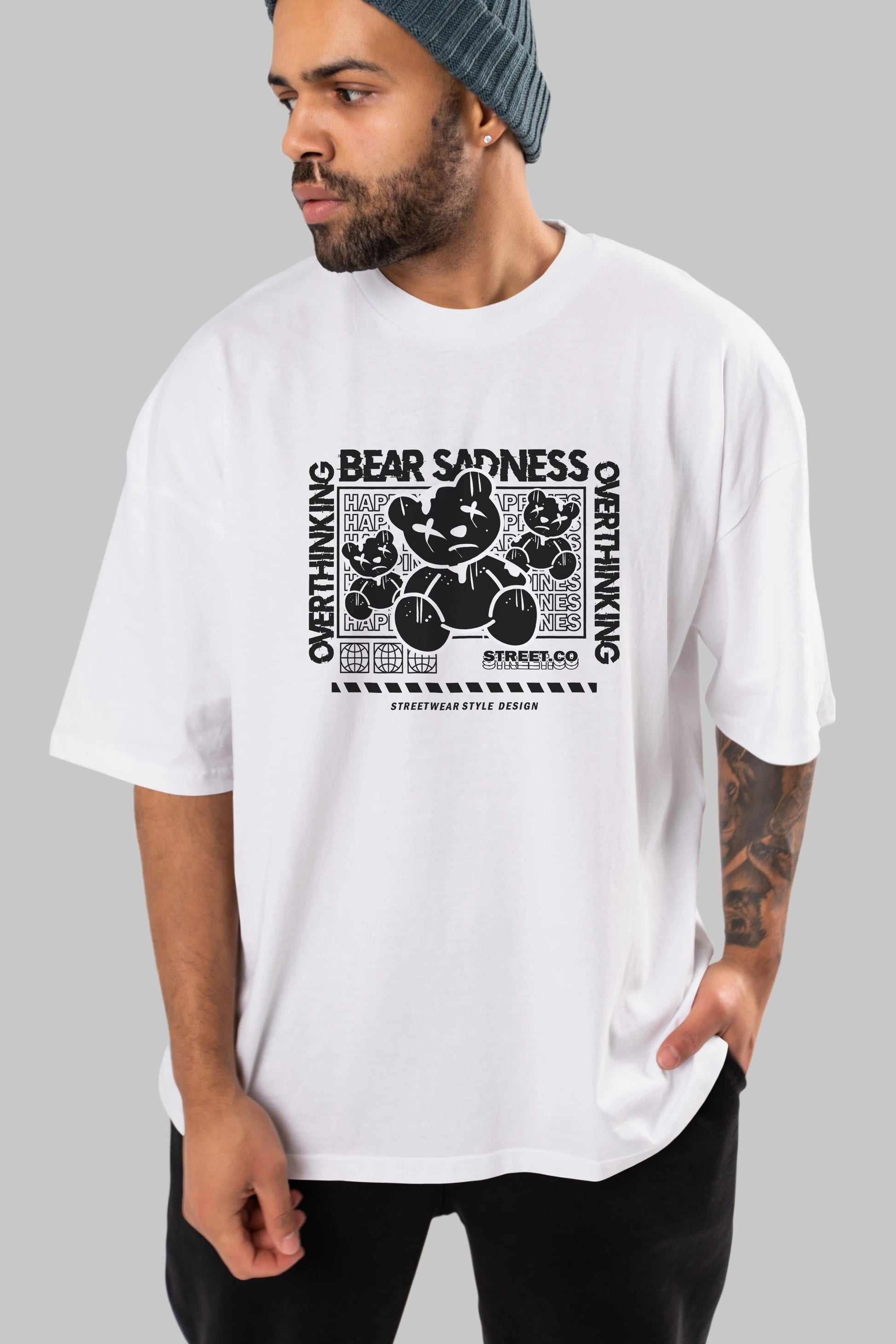 Bear Sadness 2 Ön Baskılı Oversize t-shirt Erkek Kadın Unisex