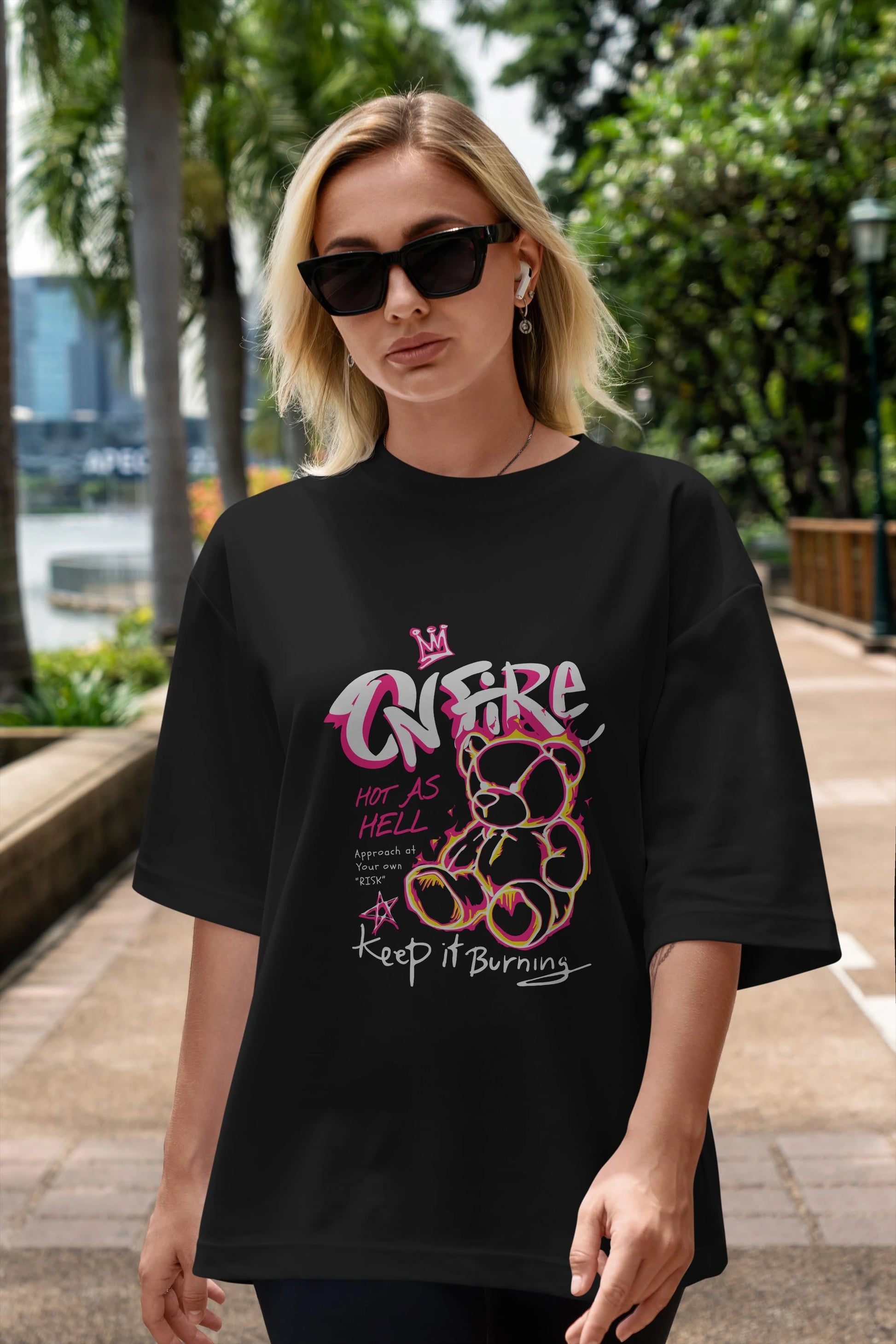 On Fire Bear Ön Baskılı Oversize t-shirt Erkek Kadın Unisex