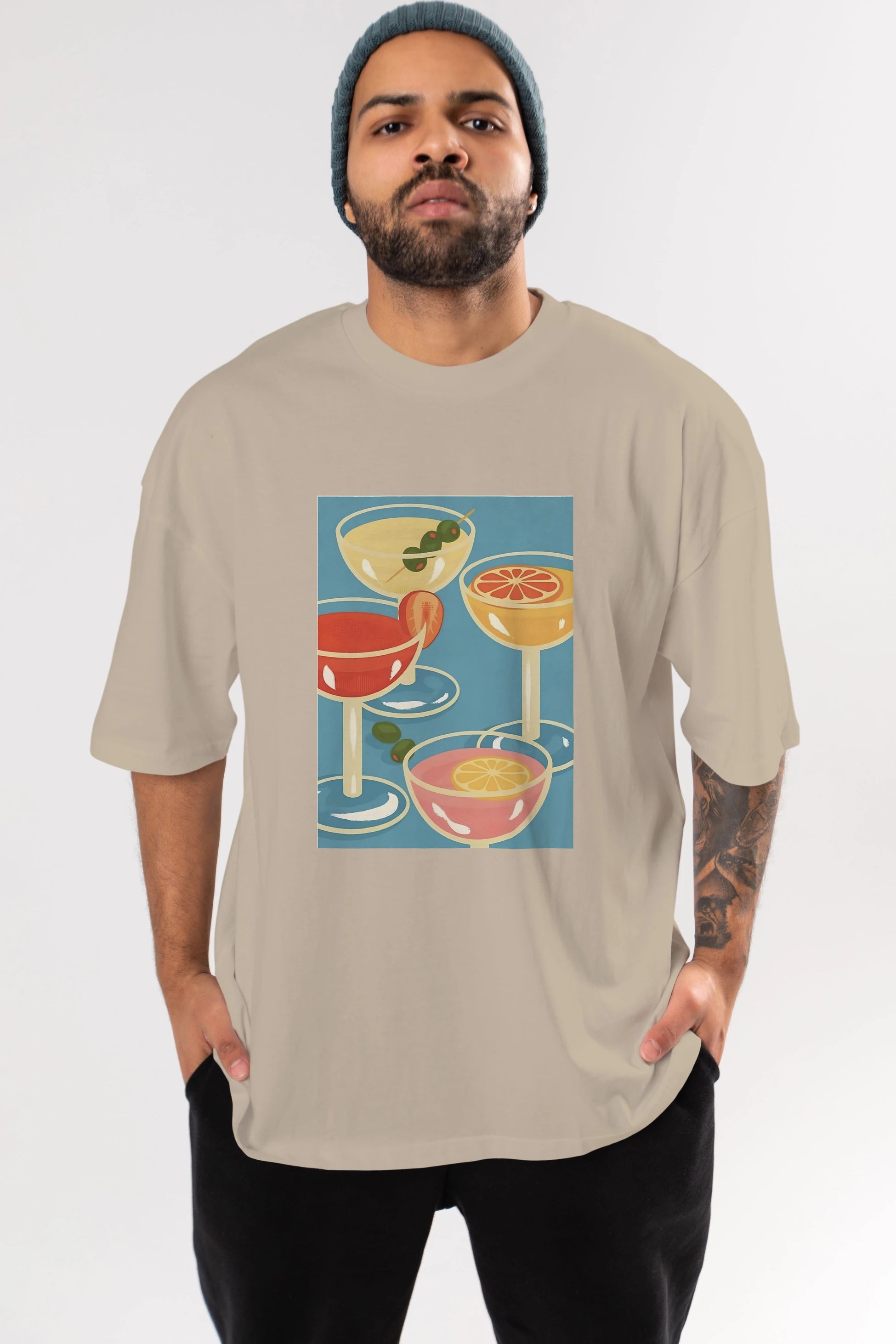 Cocktails Ön Baskılı Oversize t-shirt Erkek Kadın Unisex %100 Pamuk Bisiklet Yaka tişort