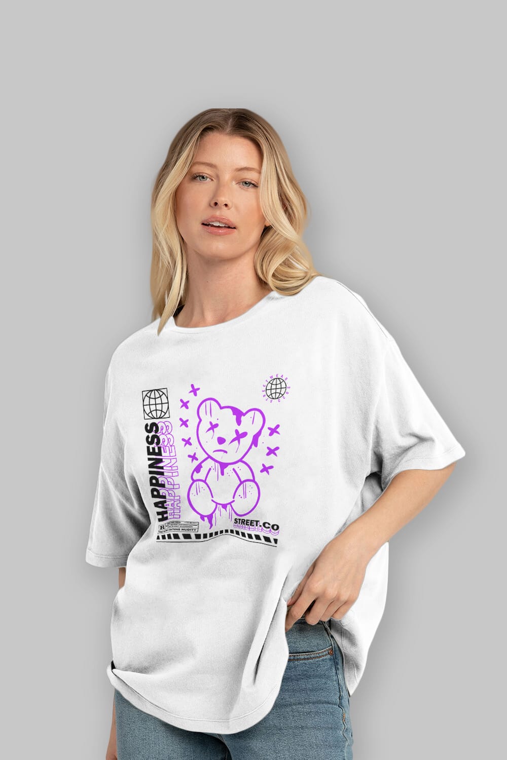 Happiness Bear 3 Ön Baskılı Oversize t-shirt Erkek Kadın Unisex