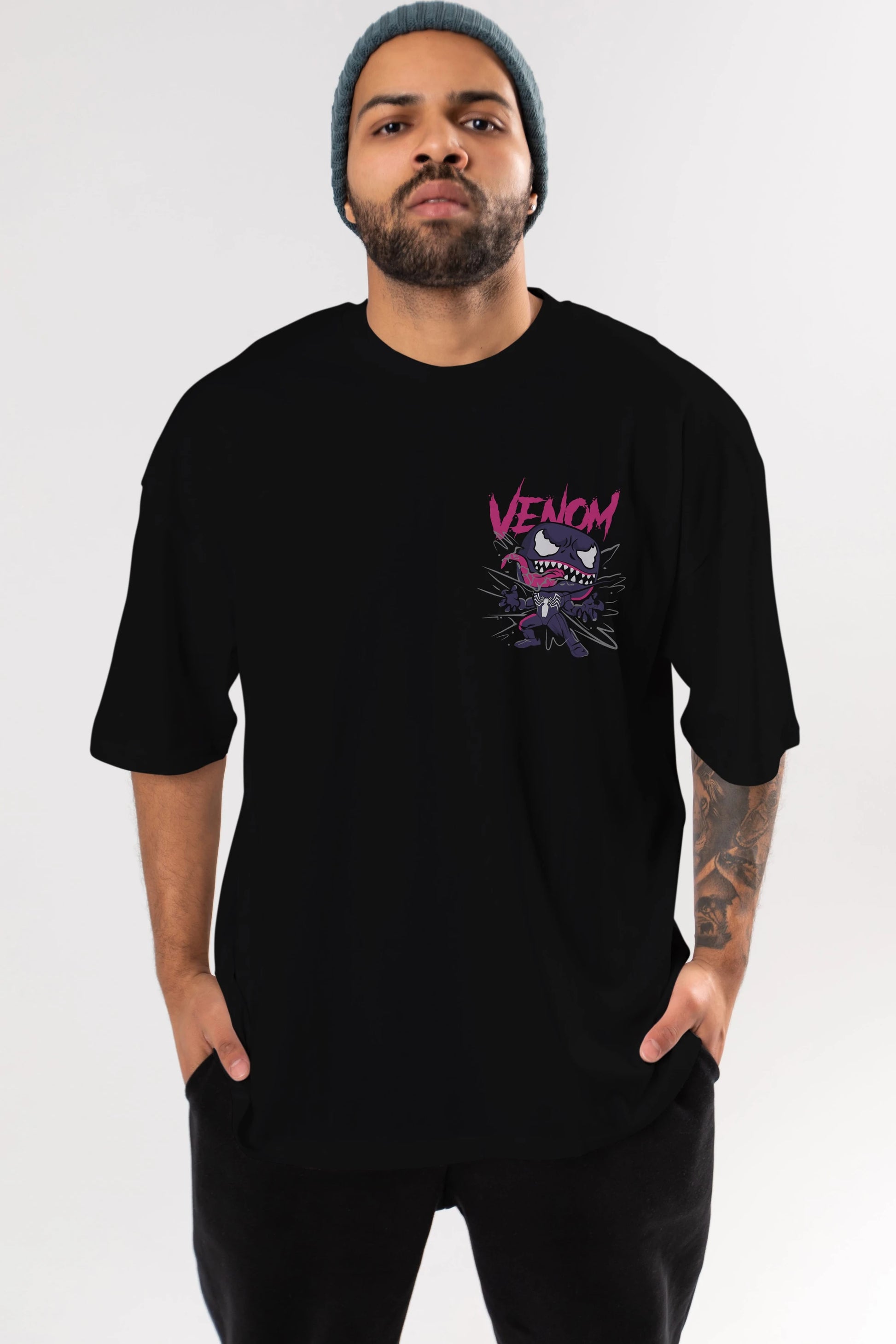 Venom (20) Ön Sol Baskılı Oversize t-shirt Erkek Kadın Unisex %100 Pamuk Bisiklet Yaka tişort
