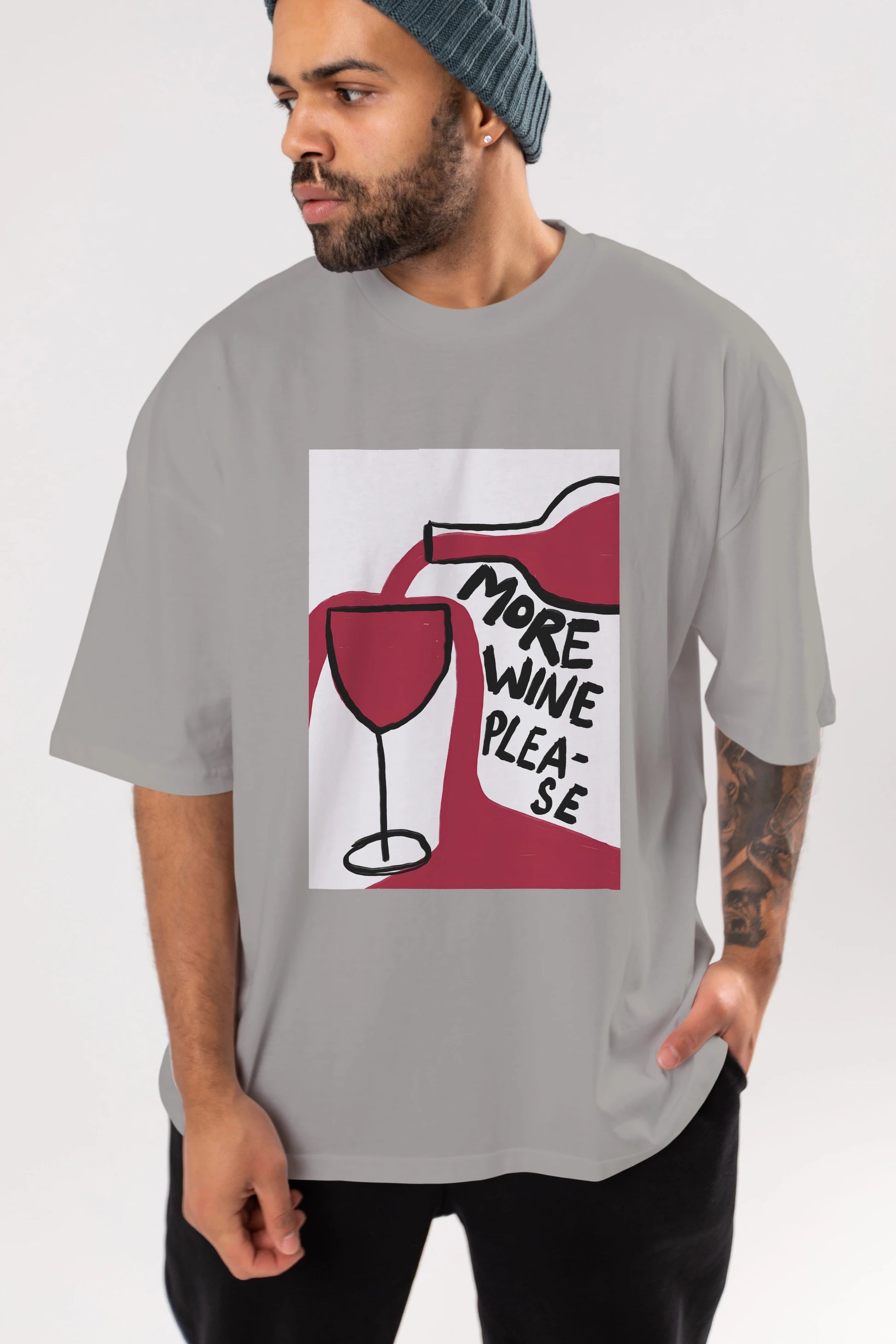 More Wine Please Ön Baskılı Oversize t-shirt Erkek Kadın Unisex %100 Pamuk Bisiklet Yaka tişort