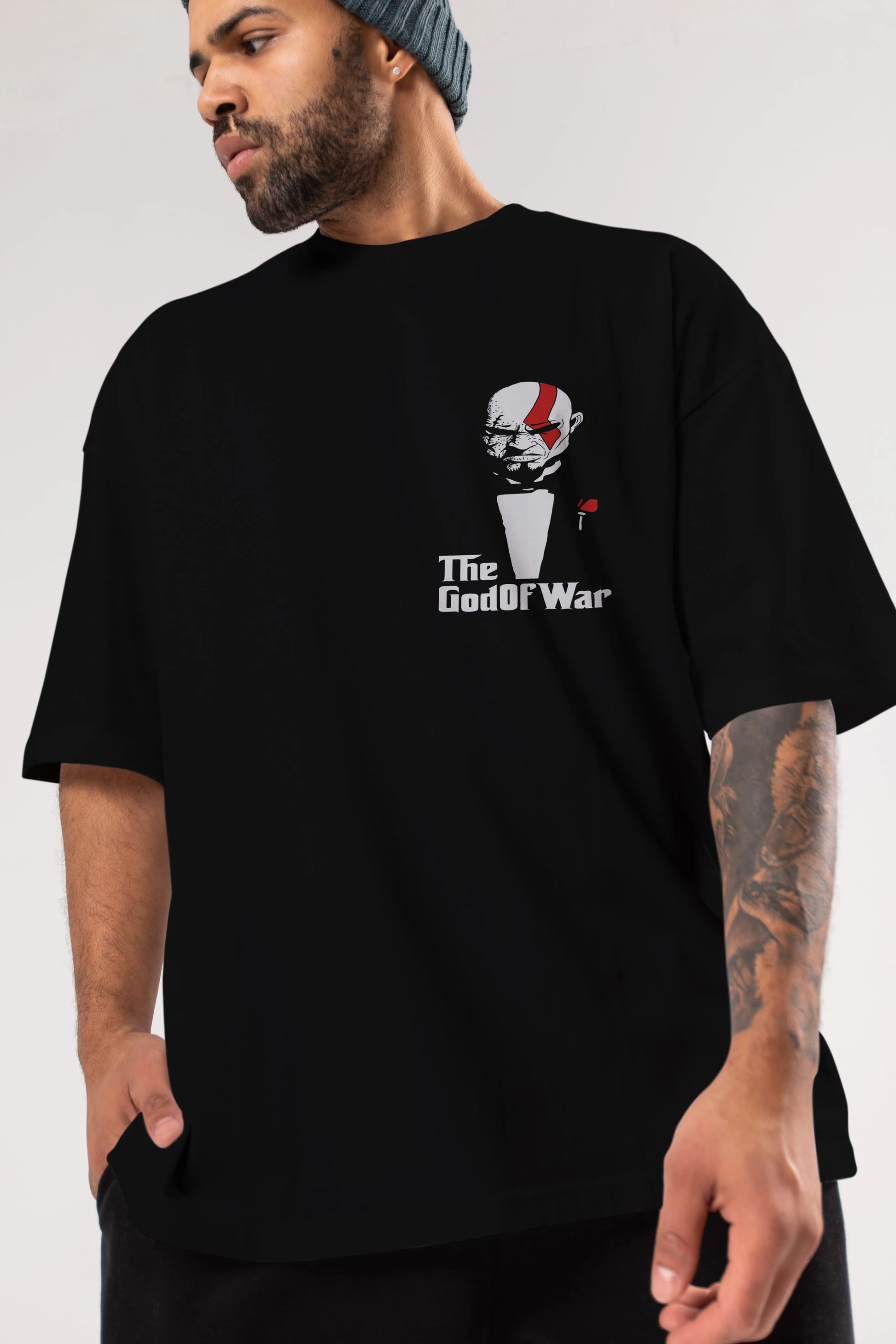 The God of War Ön Sol Baskılı Oversize t-shirt Erkek Kadın Unisex %100 Pamuk Bisiklet Yaka tişort