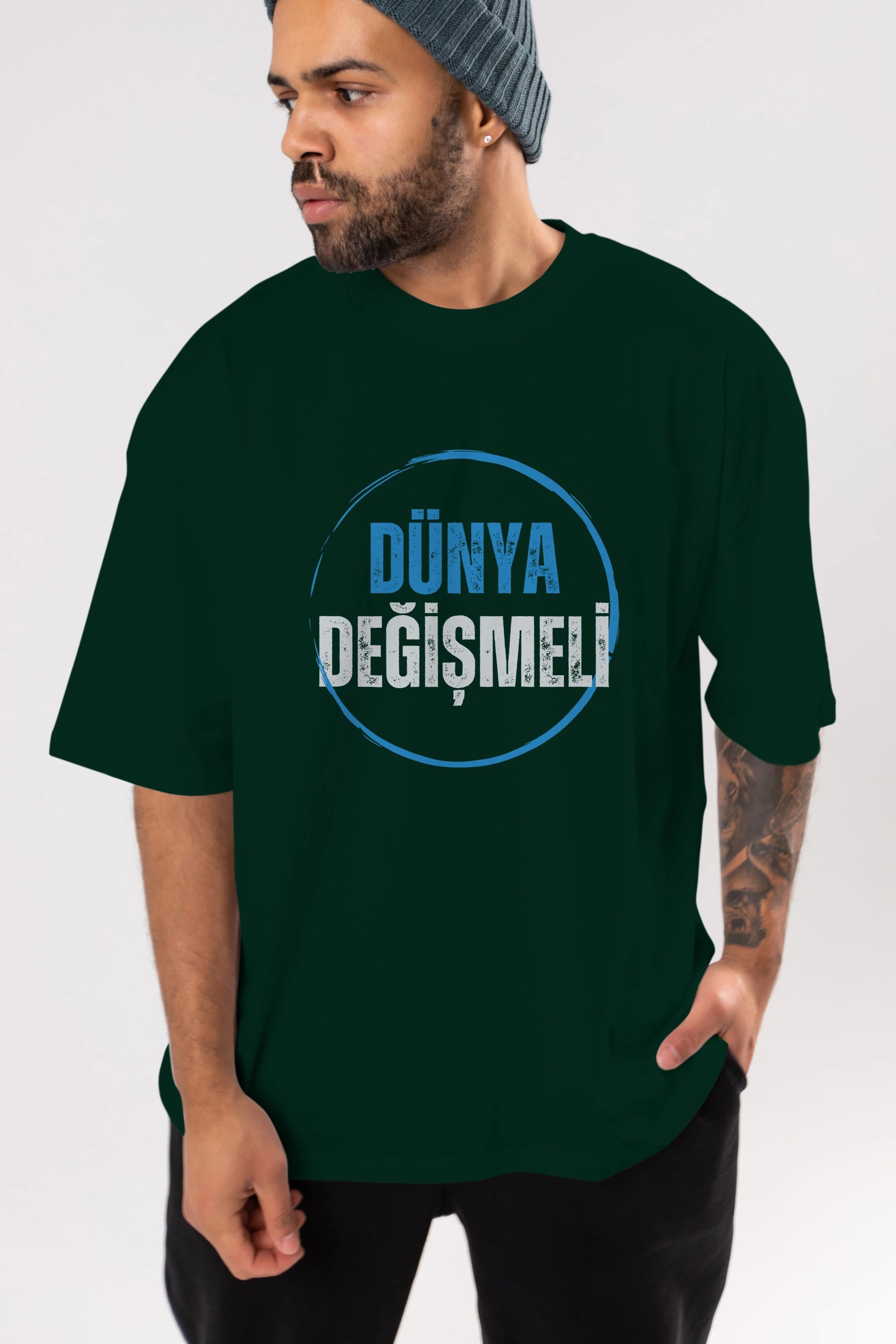 Dünya Değişmeli Yazılı Ön Baskılı Oversize t-shirt Erkek Kadın Unisex