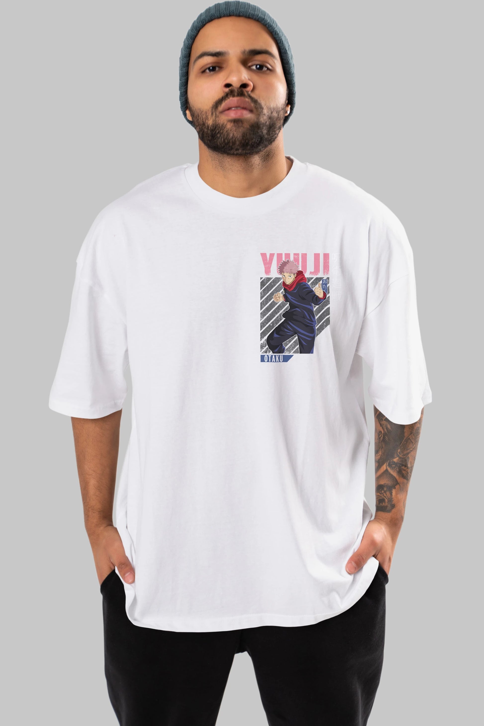 Yuuji Itadori Ön Sol Baskılı Oversize t-shirt Erkek Kadın Unisex %100 Pamuk Bisiklet Yaka tişort