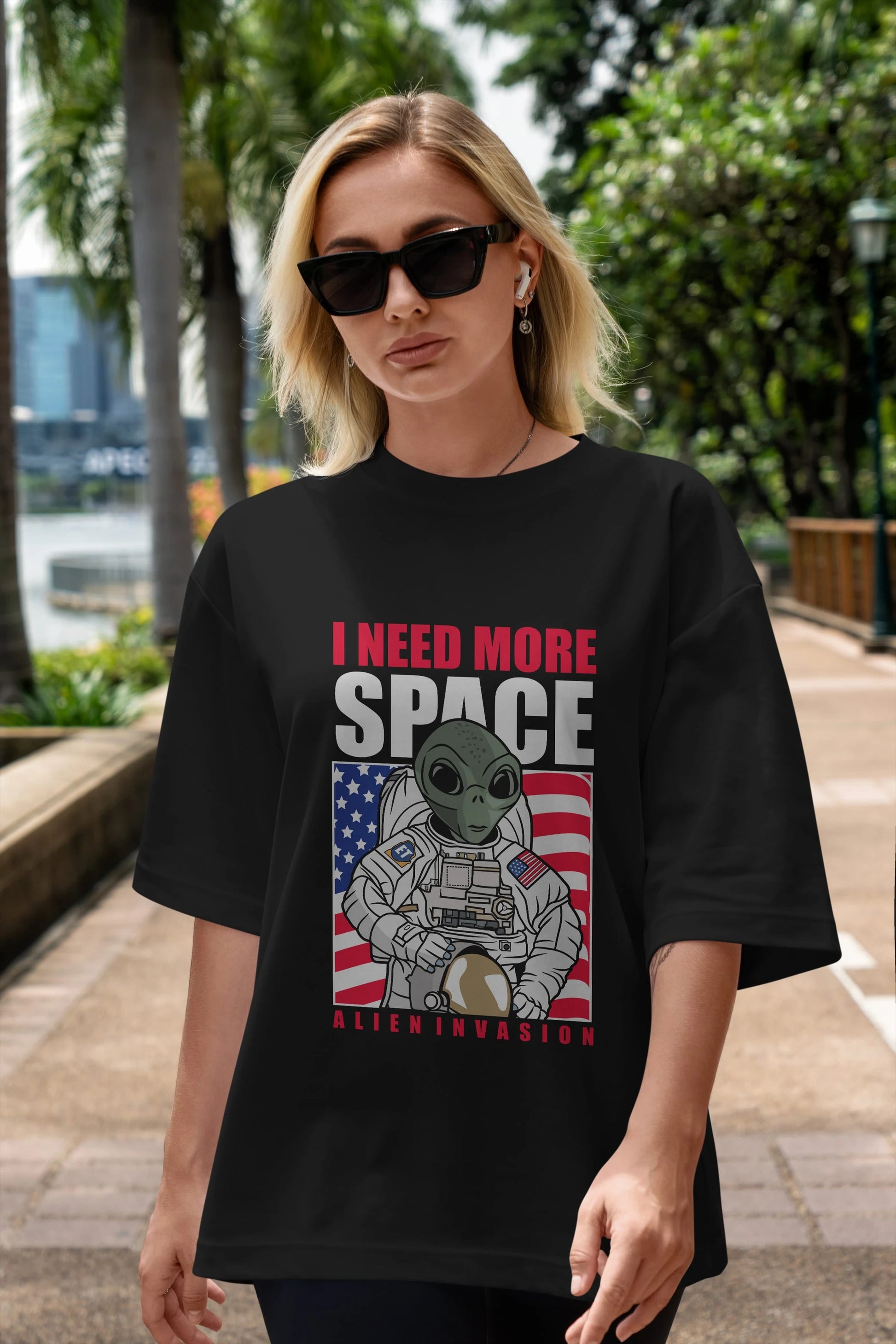 Alien Astronaut Ön Baskılı Oversize t-shirt Erkek Kadın Unisex %100 Pamuk tişort