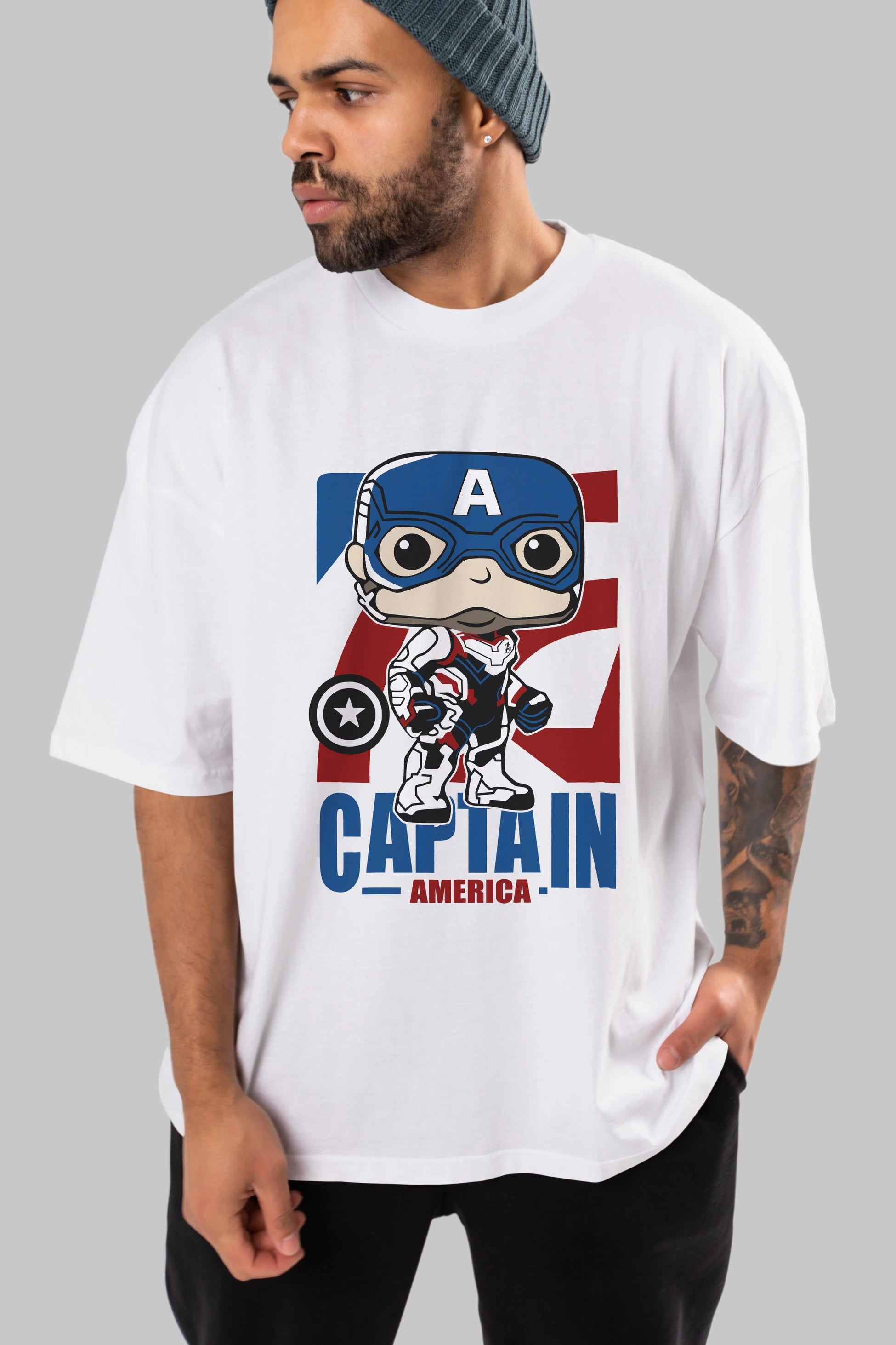 Captain America Ön Baskılı Oversize t-shirt Erkek Kadın Unisex %100 Pamuk Bisiklet Yaka tişort