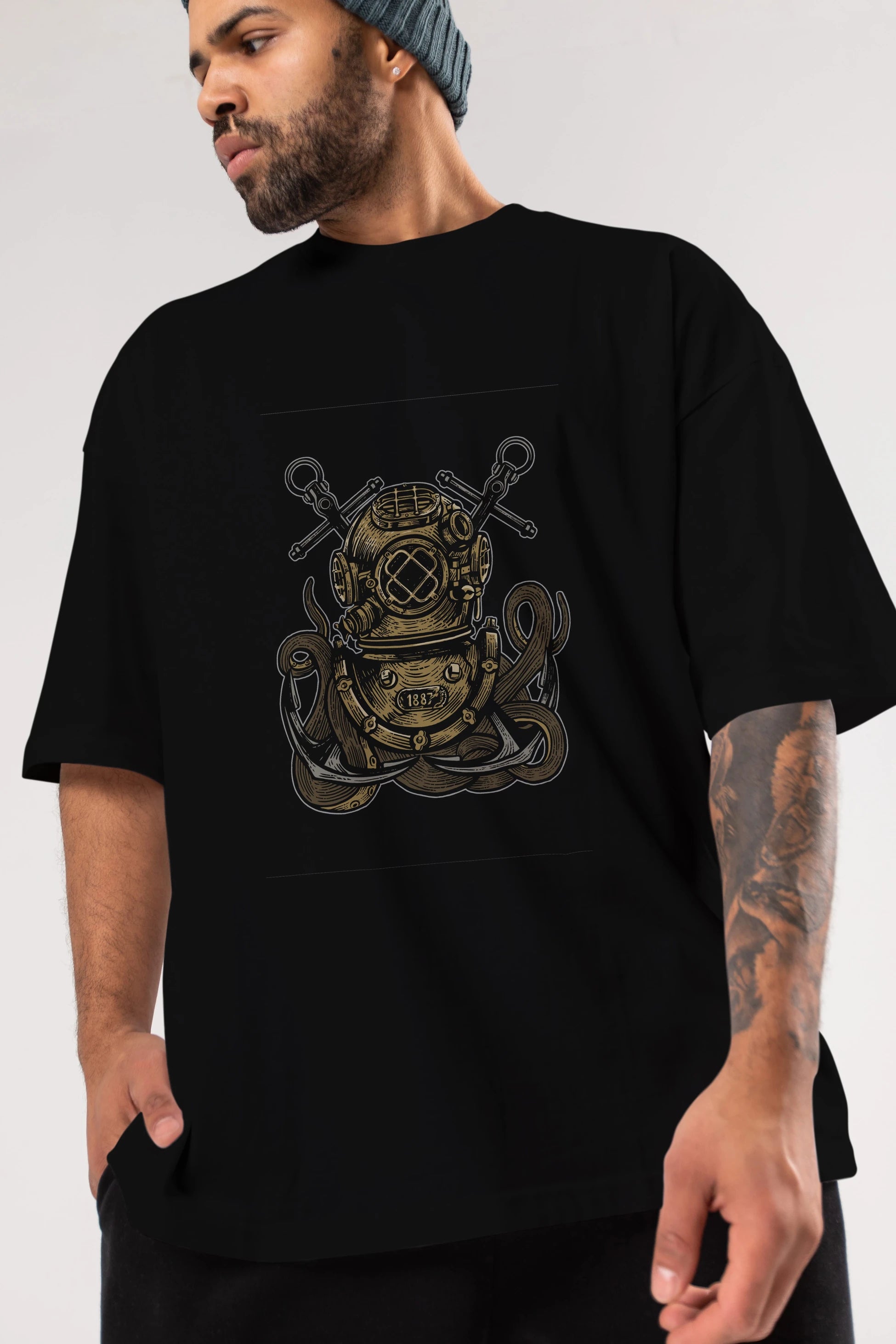 Diver Octopus Ön Baskılı Oversize t-shirt Erkek Kadın Unisex %100 Pamuk tişort
