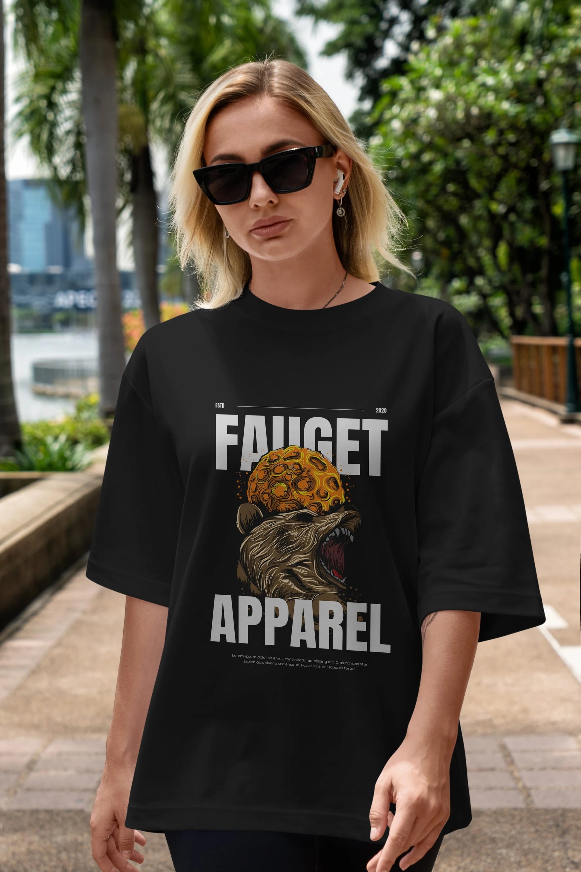 Bear Angry Fauget Apparel Ön Baskılı Oversize t-shirt Erkek Kadın Unisex