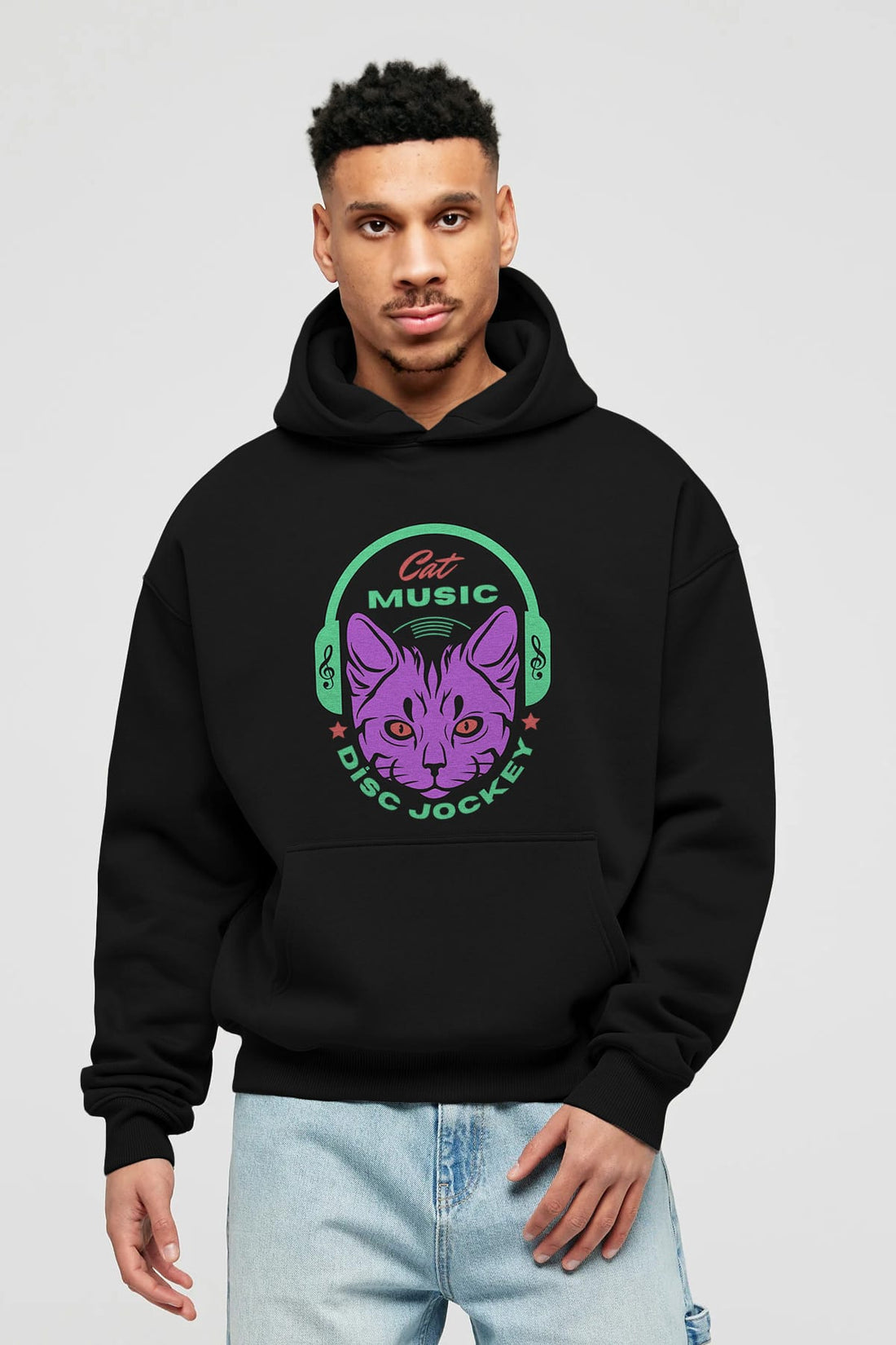 Cat Music Ön Baskılı Oversize Hoodie Kapüşonlu Sweatshirt Erkek Kadın Unisex