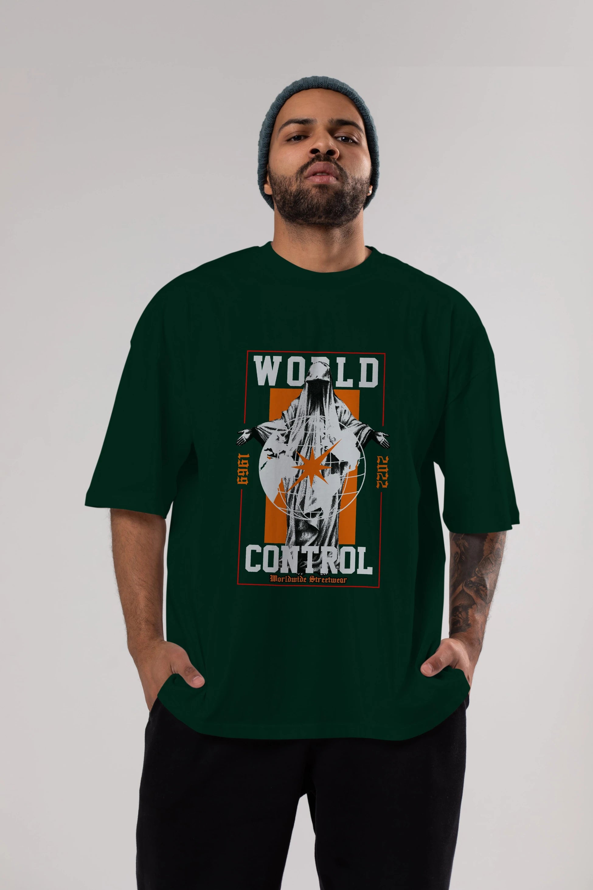 World Control Ön Baskılı Oversize t-shirt Erkek Kadın Unisex