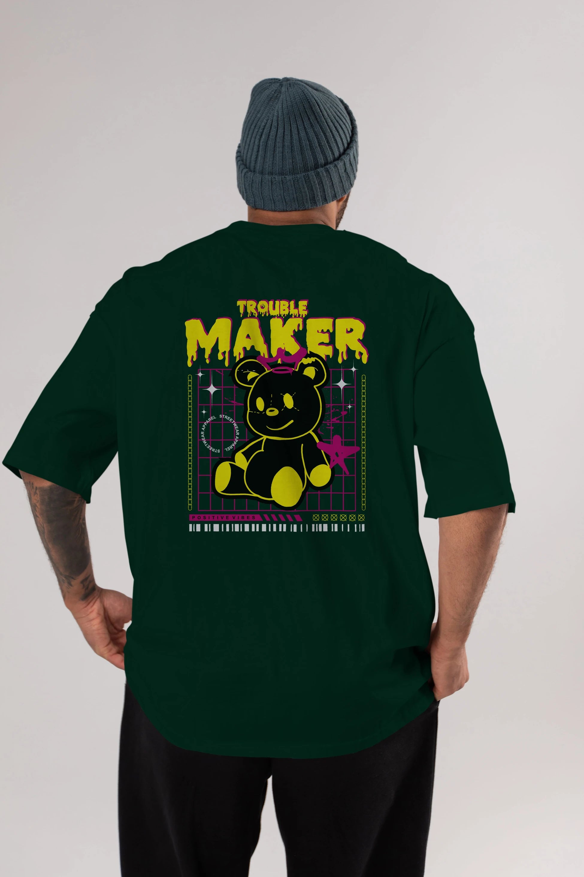 Teddy Bear Trouble Maker Arka Baskılı Oversize t-shirt Erkek Kadın Unisex