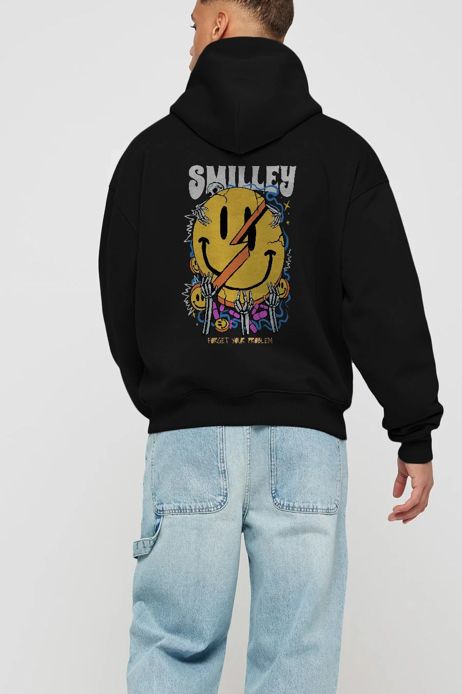 Smilley Streetwear Arka Baskılı Hoodie Oversize Kapüşonlu Sweatshirt Erkek Kadın Unisex
