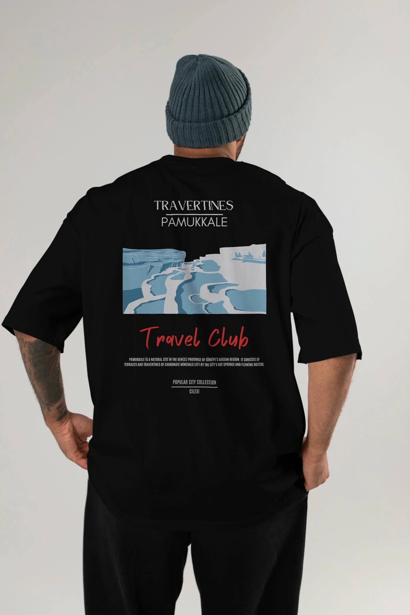 Travertines Pamukkale Arka Baskılı Oversize t-shirt Erkek Kadın Pamuk Bisiklet Yaka tişort