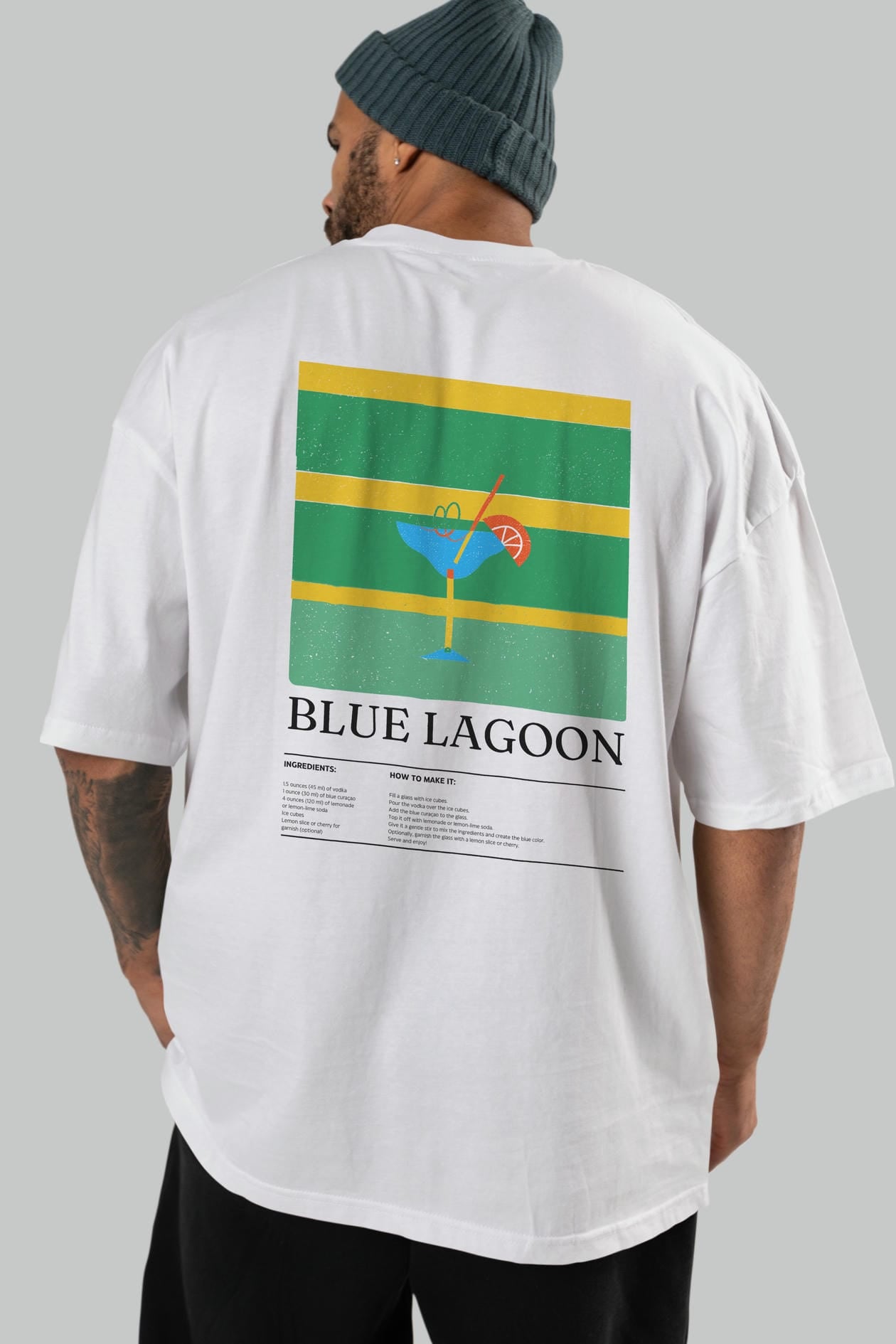 Blue Lagoon Kokteyl Serisi Arka Baskılı Oversize t-shirt Erkek Kadın %100 Pamuk Bisiklet Yaka tişort