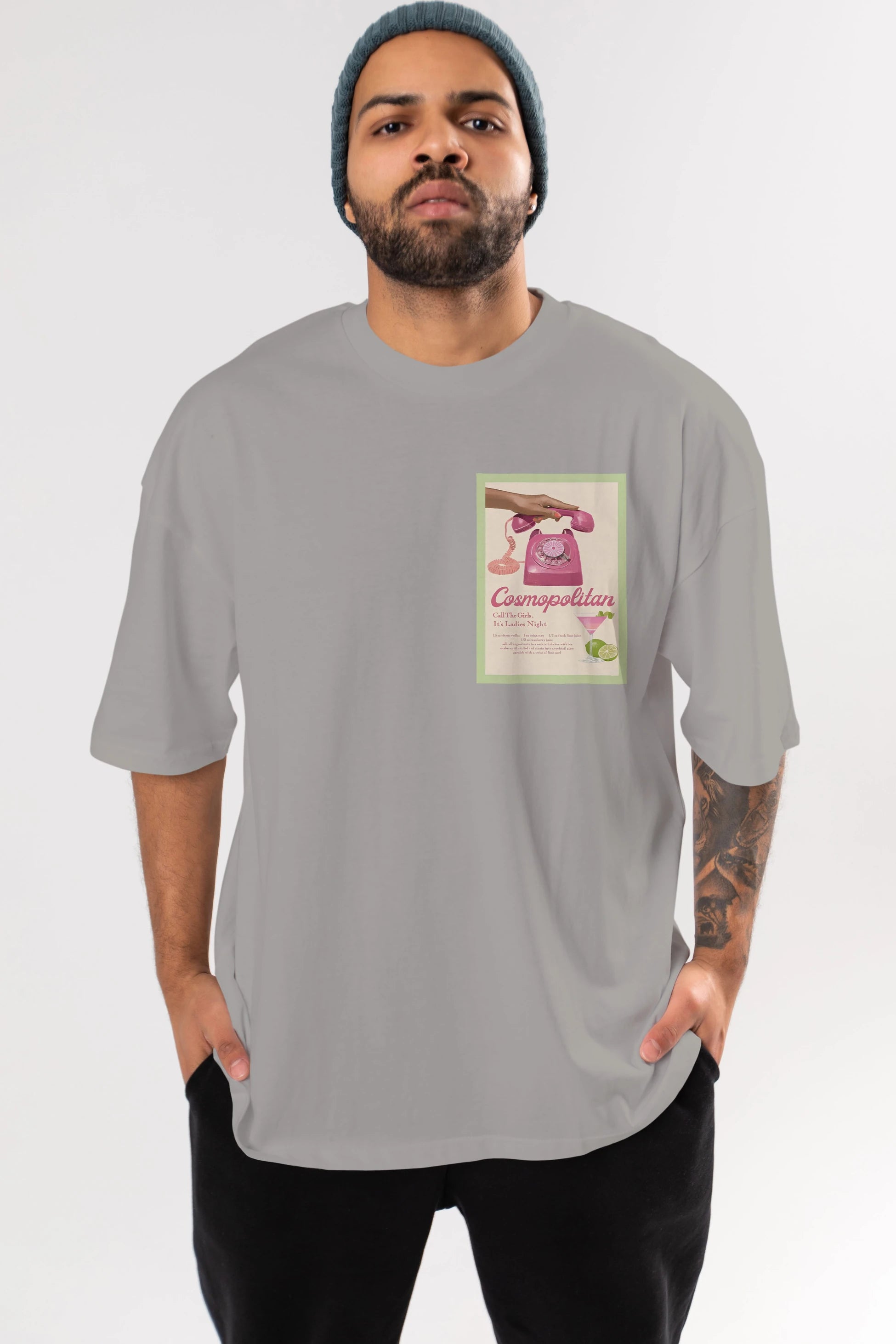 Cosmopolitan 5 Ön Sol Baskılı Oversize t-shirt Erkek Kadın Unisex %100 Pamuk Bisiklet Yaka tişort