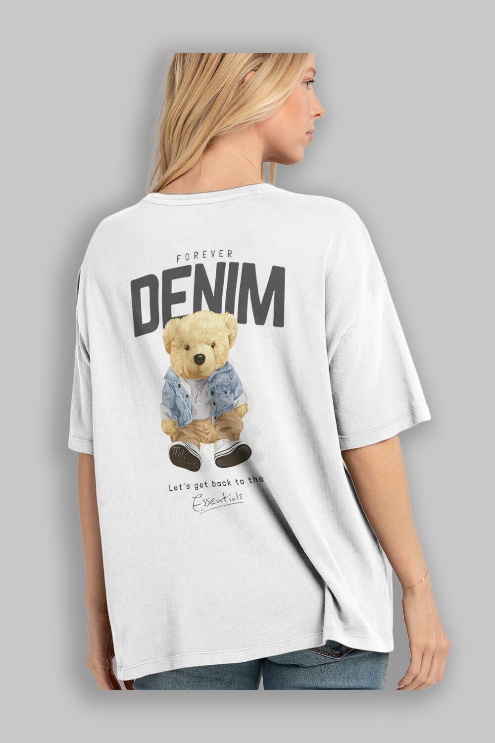 Teddy Bear Forever Denim Arka Baskılı Oversize t-shirt Erkek Kadın Unisex %100 Pamuk