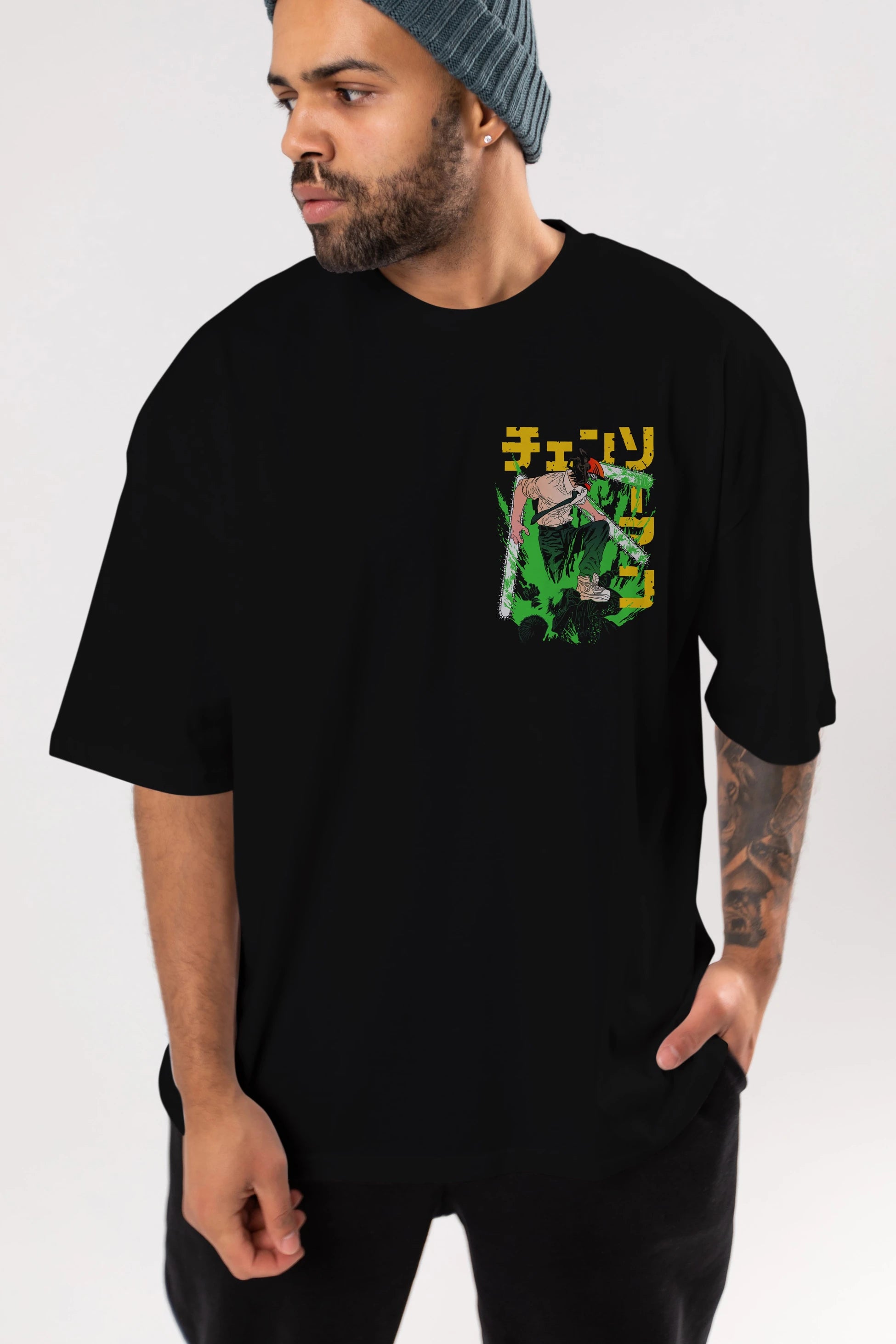 CHAINSAWMAN DENJI Ön Sol Baskılı Oversize t-shirt Erkek Kadın Unisex %100 Pamuk Bisiklet Yaka tişort