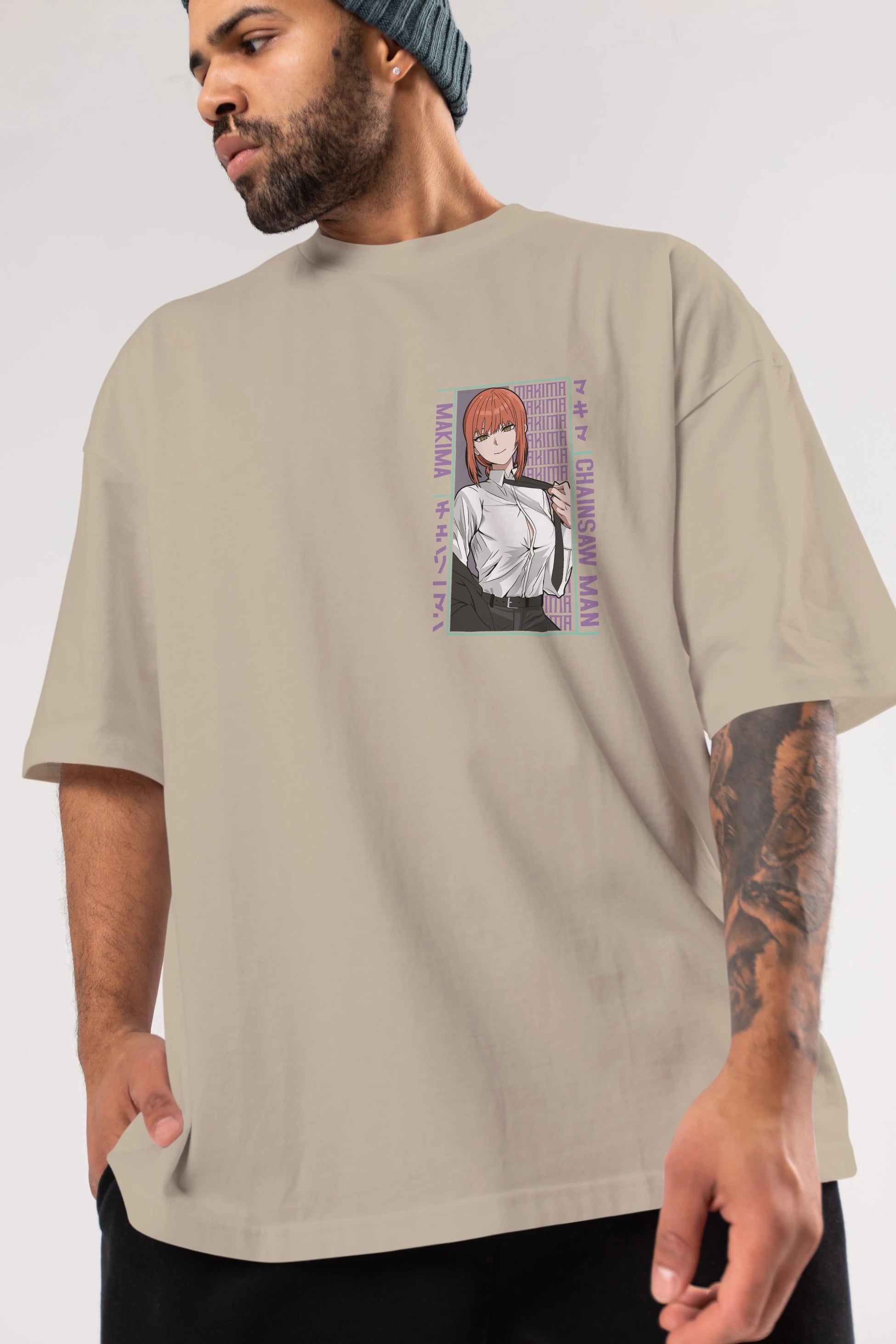Makima Chain Saw Man Ön Sol Baskılı Oversize t-shirt Erkek Kadın Unisex %100 Pamuk Bisiklet Yaka tişort