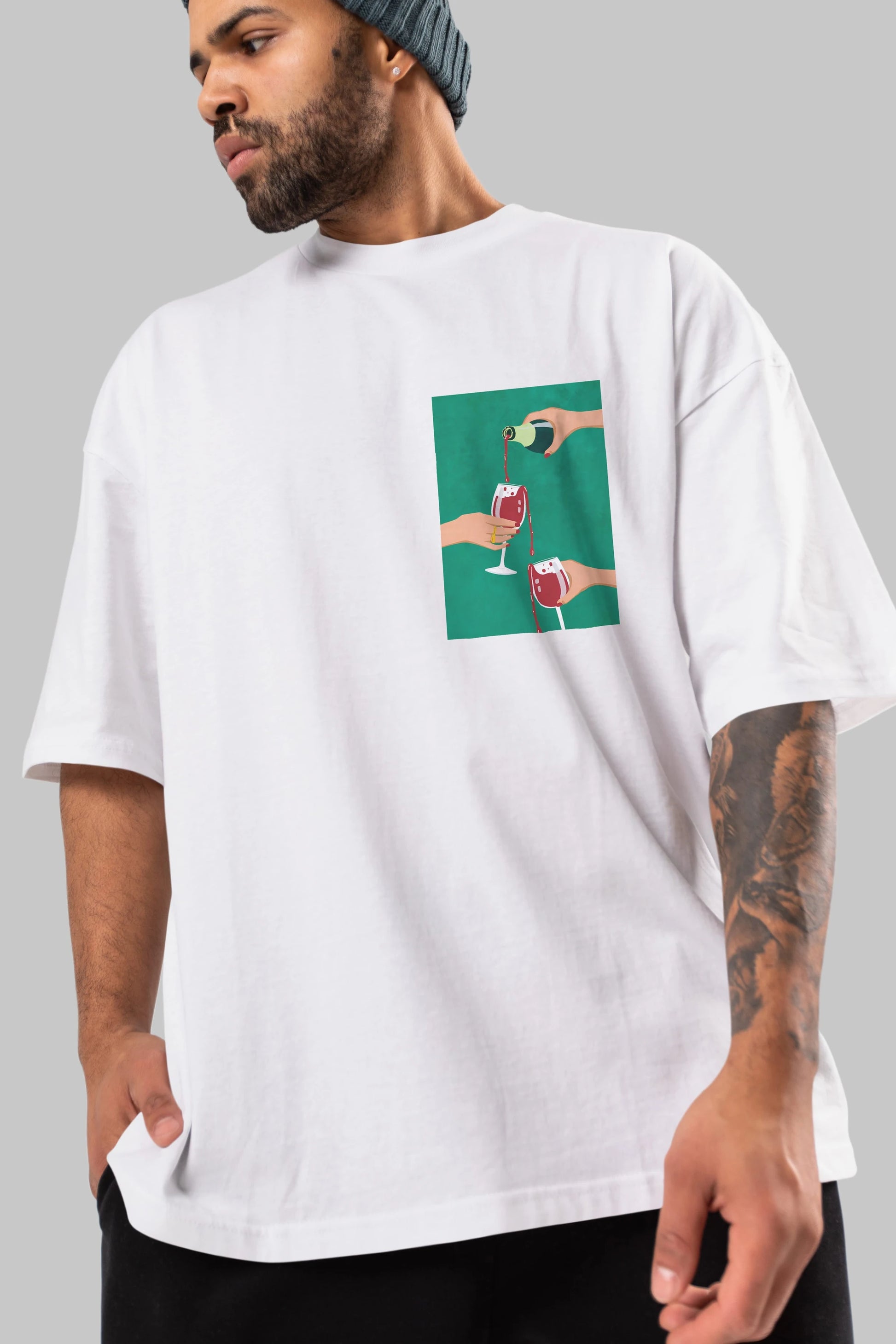 Wine 2 Ön Sol Baskılı Oversize t-shirt Erkek Kadın Unisex %100 Pamuk Bisiklet Yaka tişort