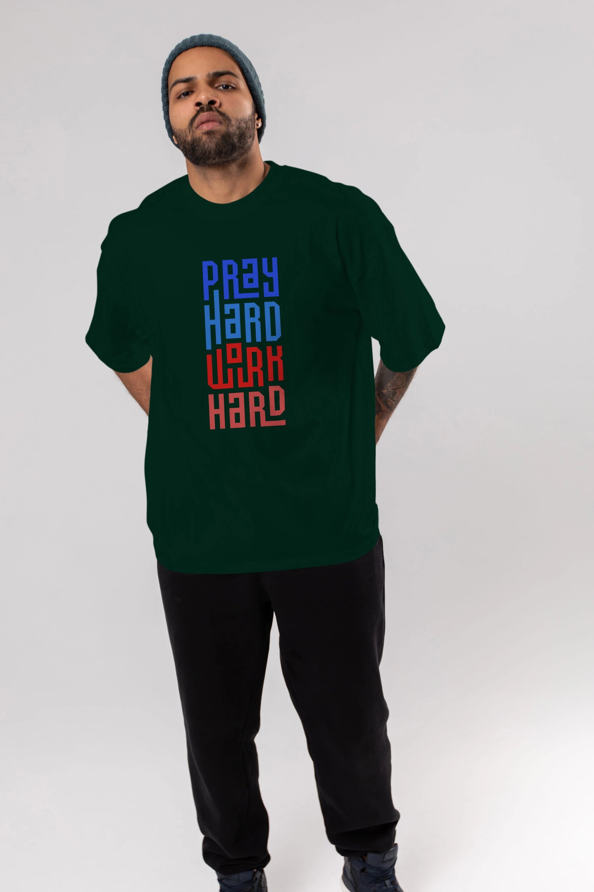 Pray Hard Work Hard Yazılı Ön Baskılı Oversize t-shirt Erkek Kadın Unisex