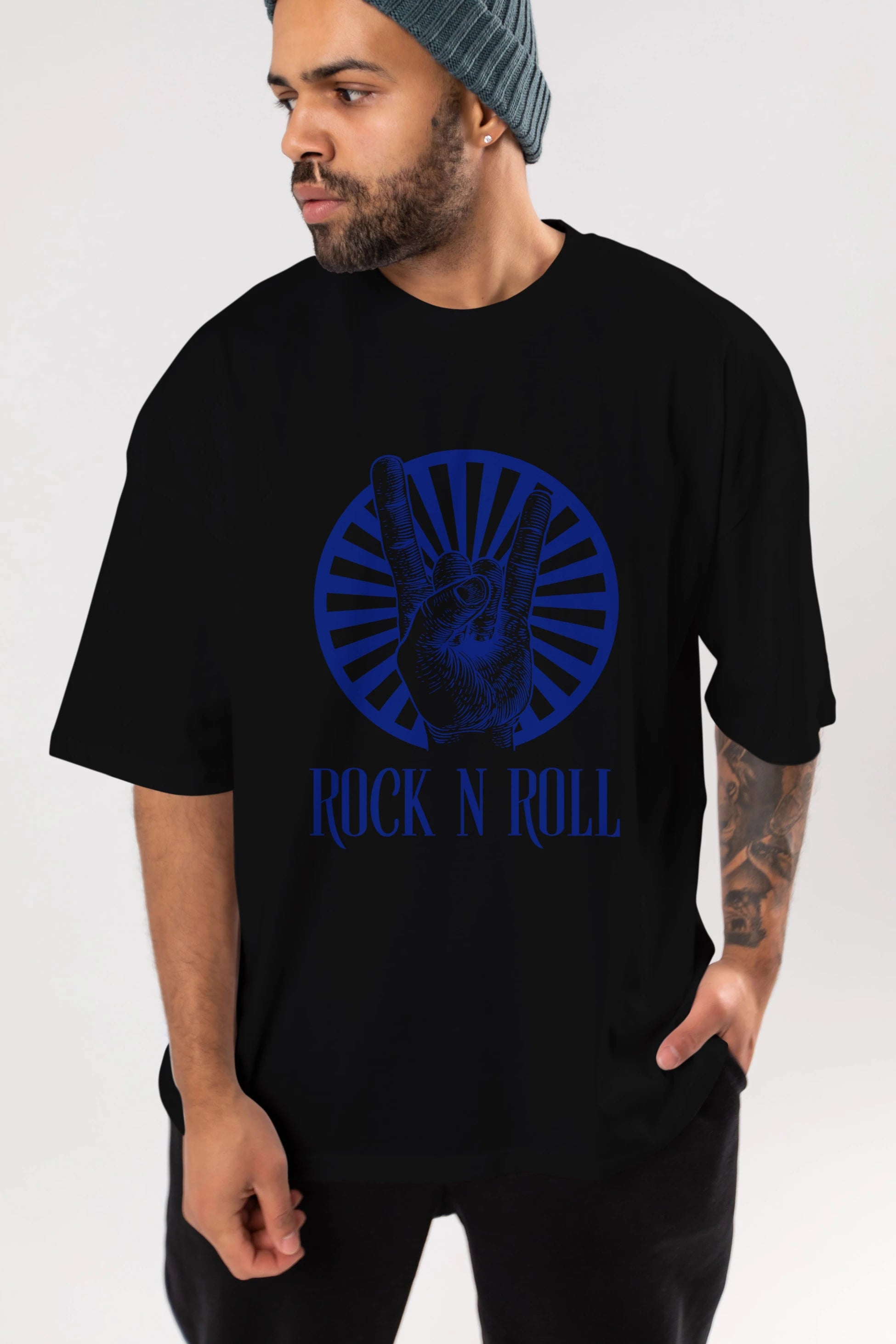 Rock N Roll Yazılı Ön Baskılı Oversize t-shirt Erkek Kadın Unisex