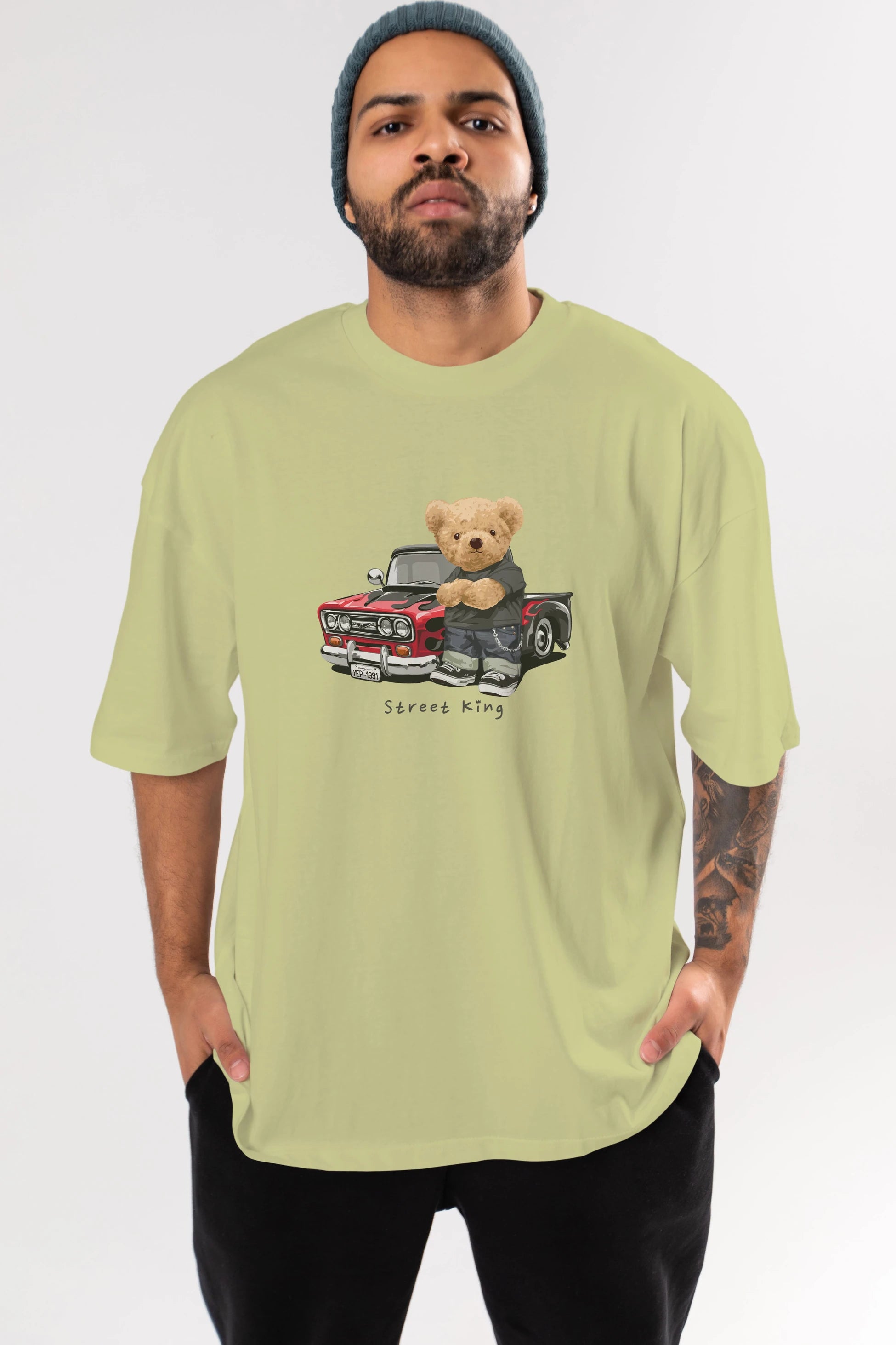 Teddy Bear Street King Ön Baskılı Oversize t-shirt Erkek Kadın Unisex %100 Pamuk