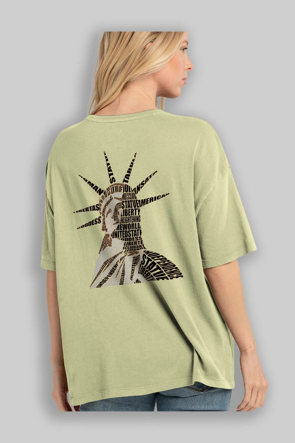 Liberty Statue Calligram Arka Baskılı Oversize t-shirt %100 pamuk Erkek Kadın Unisex