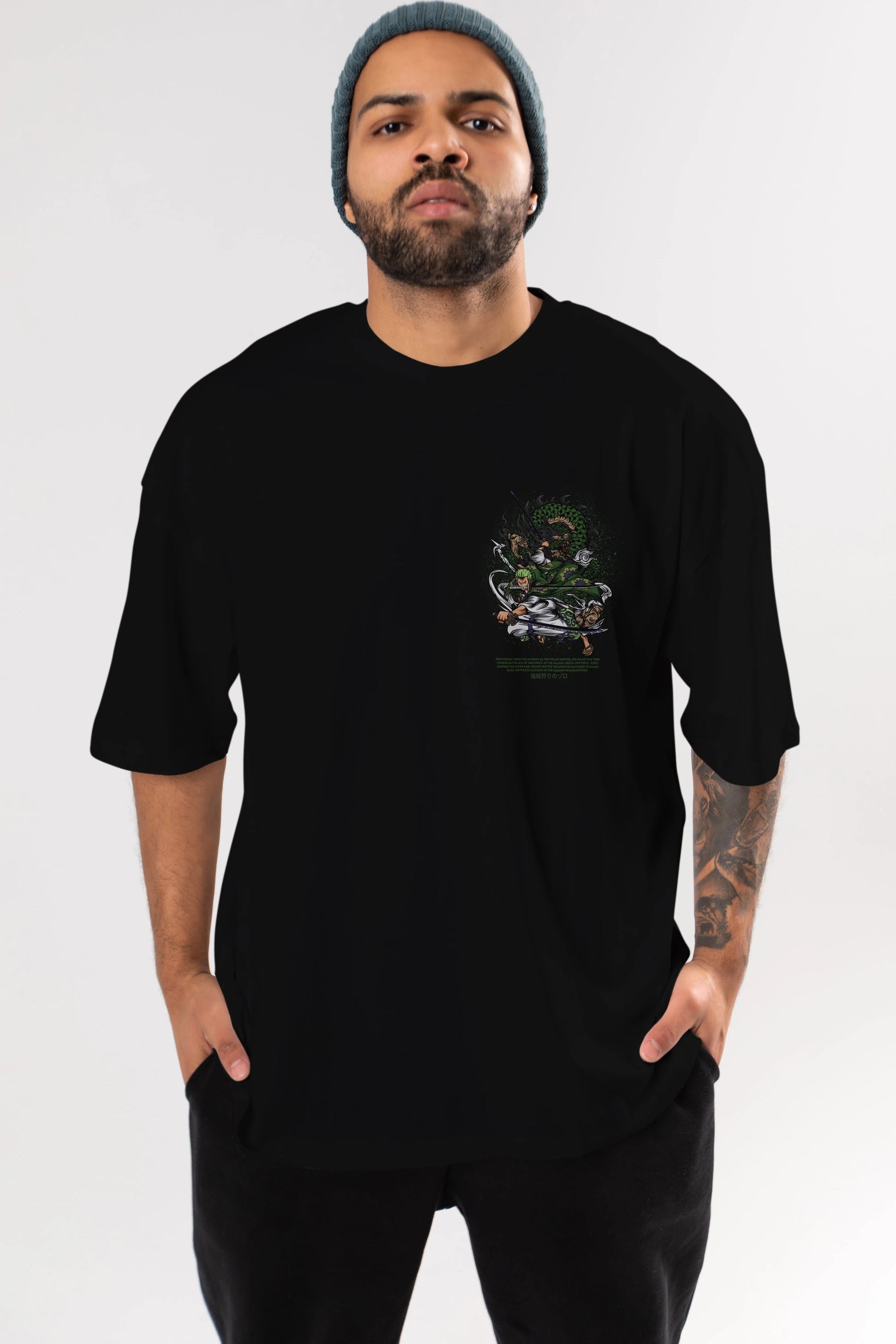 Zoro-ONE PIECE Ön Sol Baskılı Oversize t-shirt Erkek Kadın Unisex %100 Pamuk Bisiklet Yaka tişort