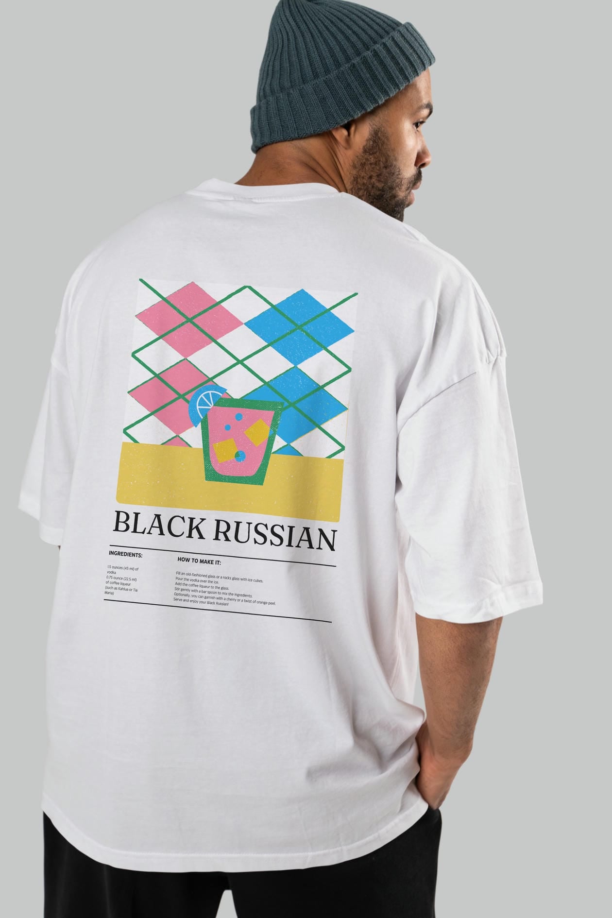 Black Russian Kokteyl Serisi Arka Baskılı Oversize t-shirt Erkek Kadın %100 Pamuk Bisiklet Yaka tişort
