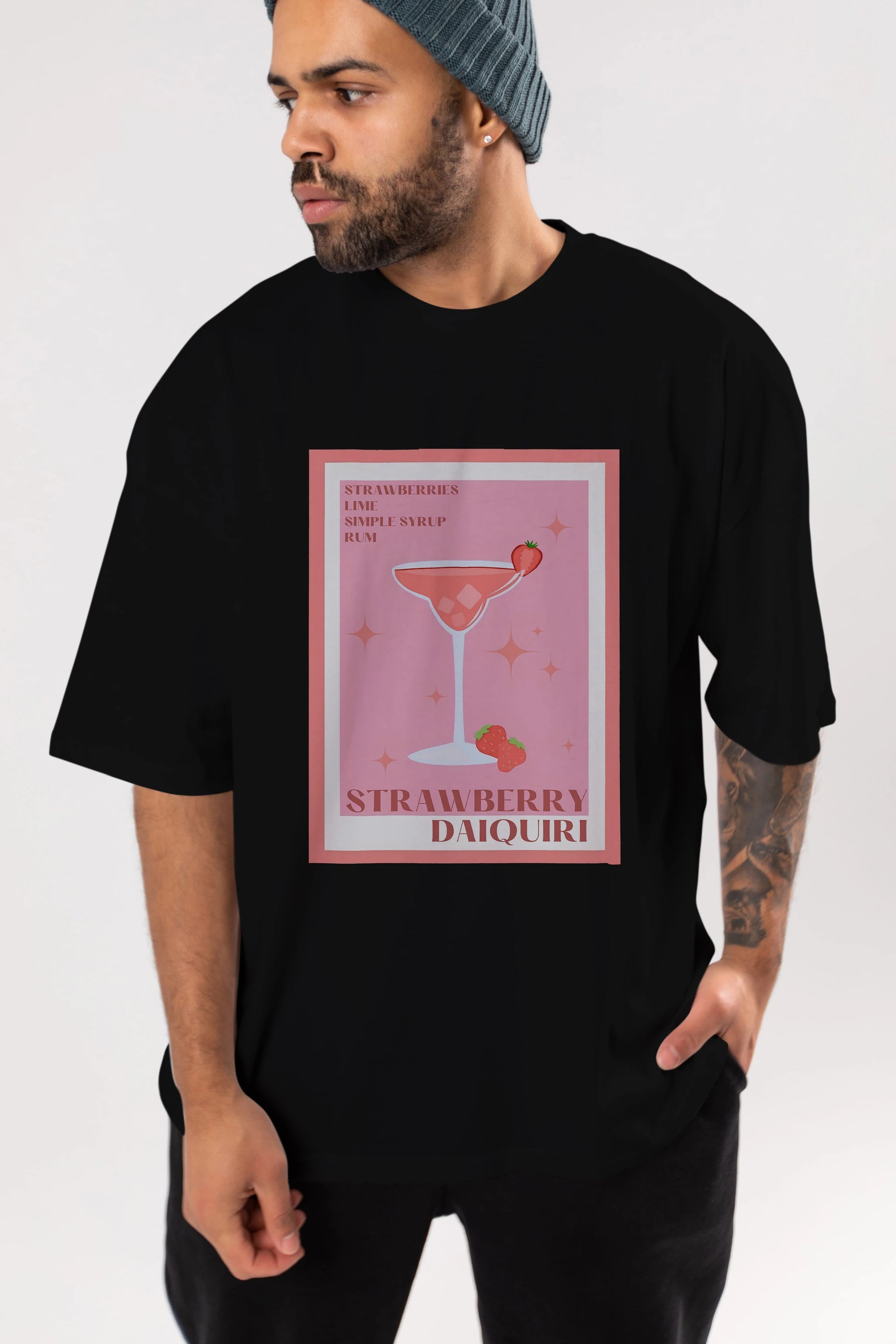 Strawberry Daiquiri Ön Baskılı Oversize t-shirt Erkek Kadın Unisex %100 Pamuk Bisiklet Yaka tişort