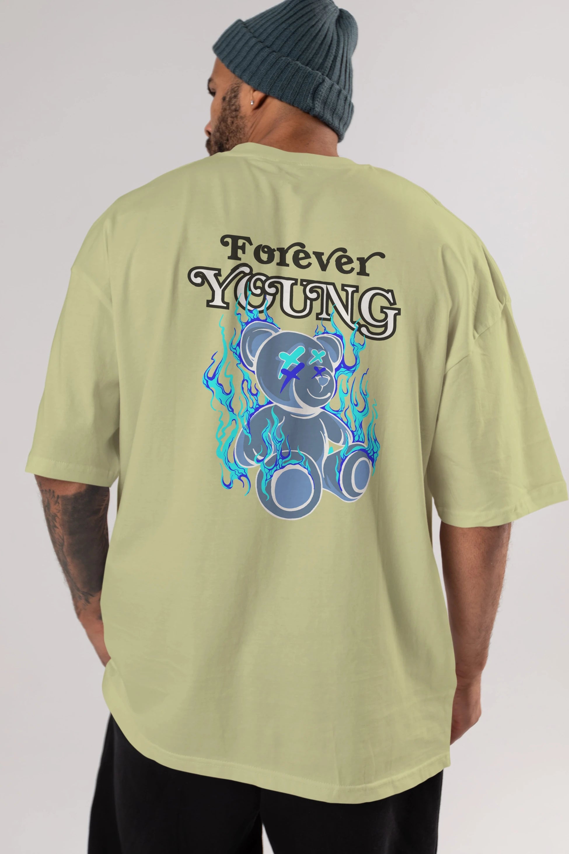 Forever Young Bear Arka Baskılı Oversize t-shirt Erkek Kadın Unisex
