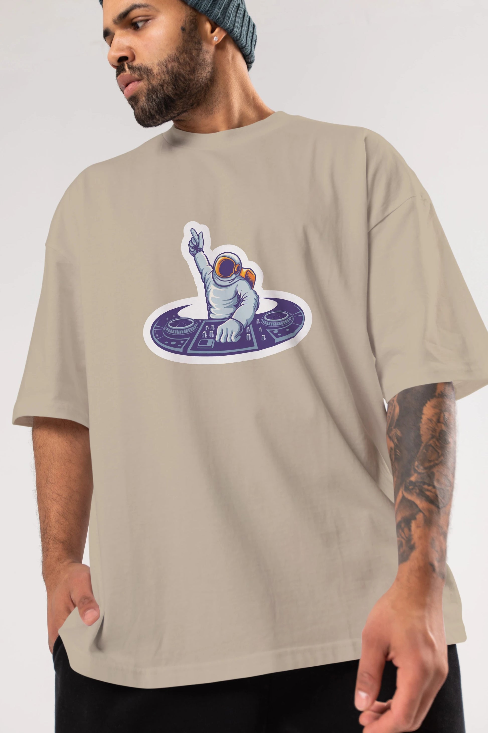 Astronaut Disk Jockey Party Sticker Ön Baskılı Oversize t-shirt Erkek Kadın Unisex