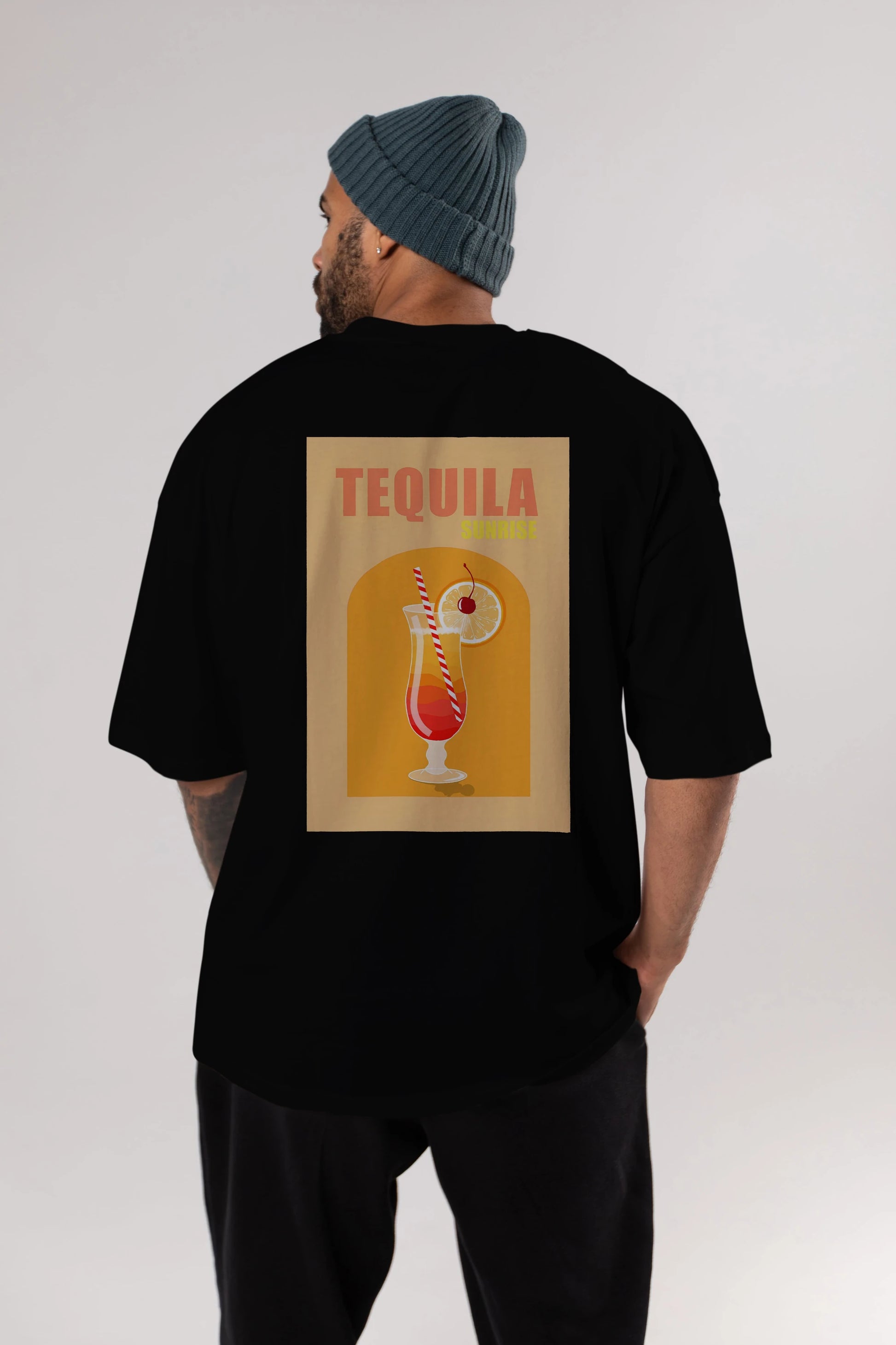 Tequila Sunrise Arka Baskılı Oversize t-shirt Erkek Kadın Unisex %100 Pamuk Bisiklet Yaka tişort