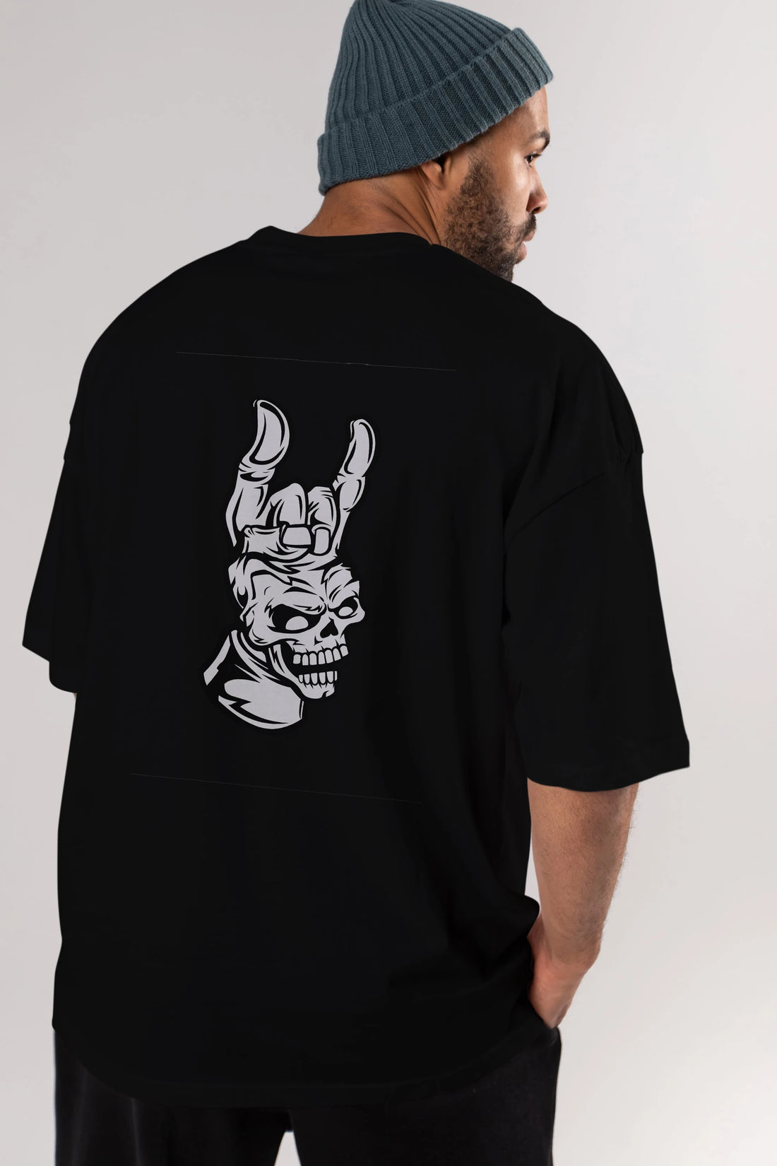 Hand Metal Skull Arka Baskılı Oversize t-shirt Erkek Kadın Unisex %100 Pamuk tişort