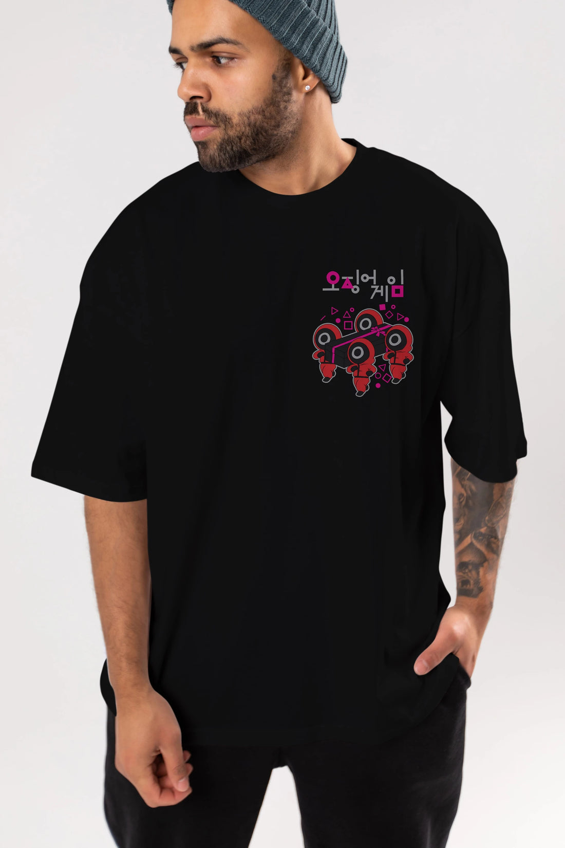 Squid Game (6) Ön Sol Baskılı Oversize t-shirt Erkek Kadın Unisex %100 Pamuk Bisiklet Yaka tişort