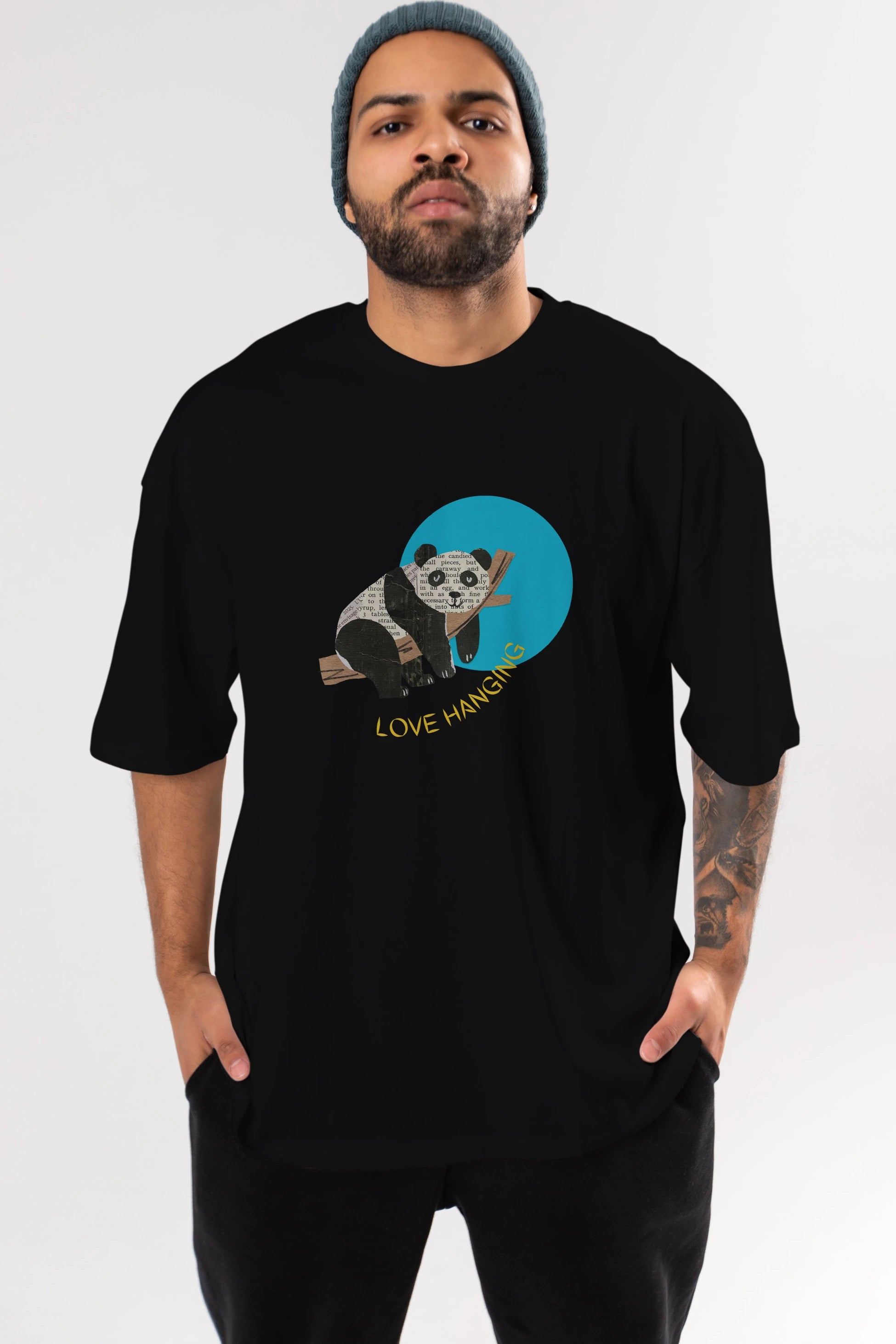Panda Love Hanging Ön Baskılı Oversize t-shirt Erkek Kadın Unisex