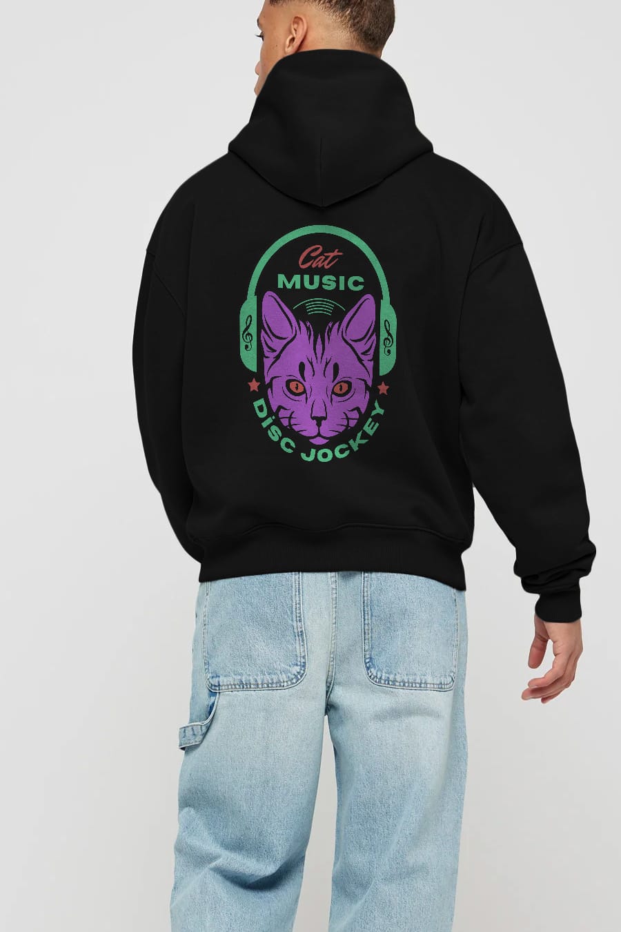 Cat Music Arka Baskılı Oversize Hoodie Kapüşonlu Sweatshirt Erkek Kadın Unisex