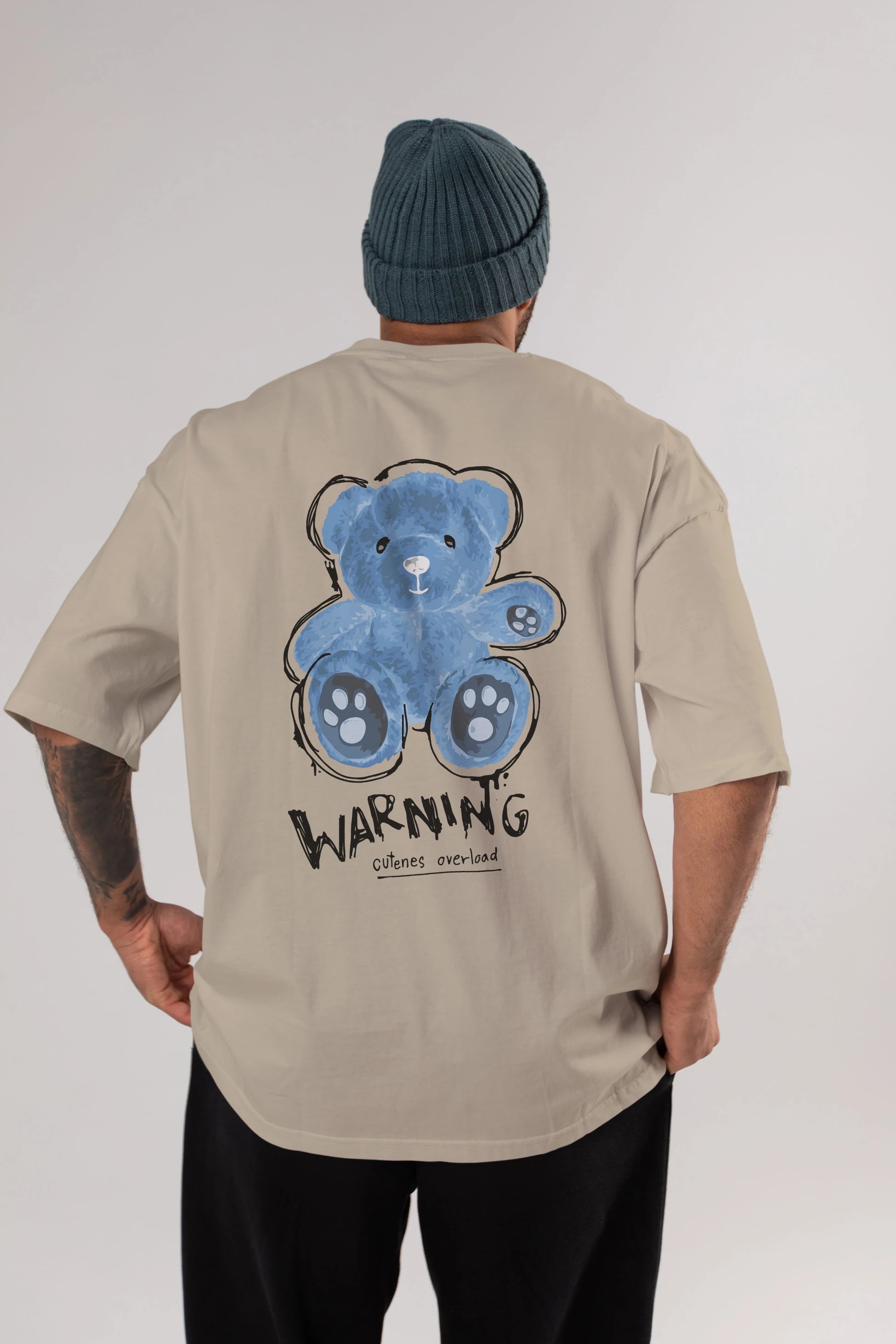 Warning Cuteness Bear Arka Baskılı Oversize t-shirt Erkek Kadın Unisex
