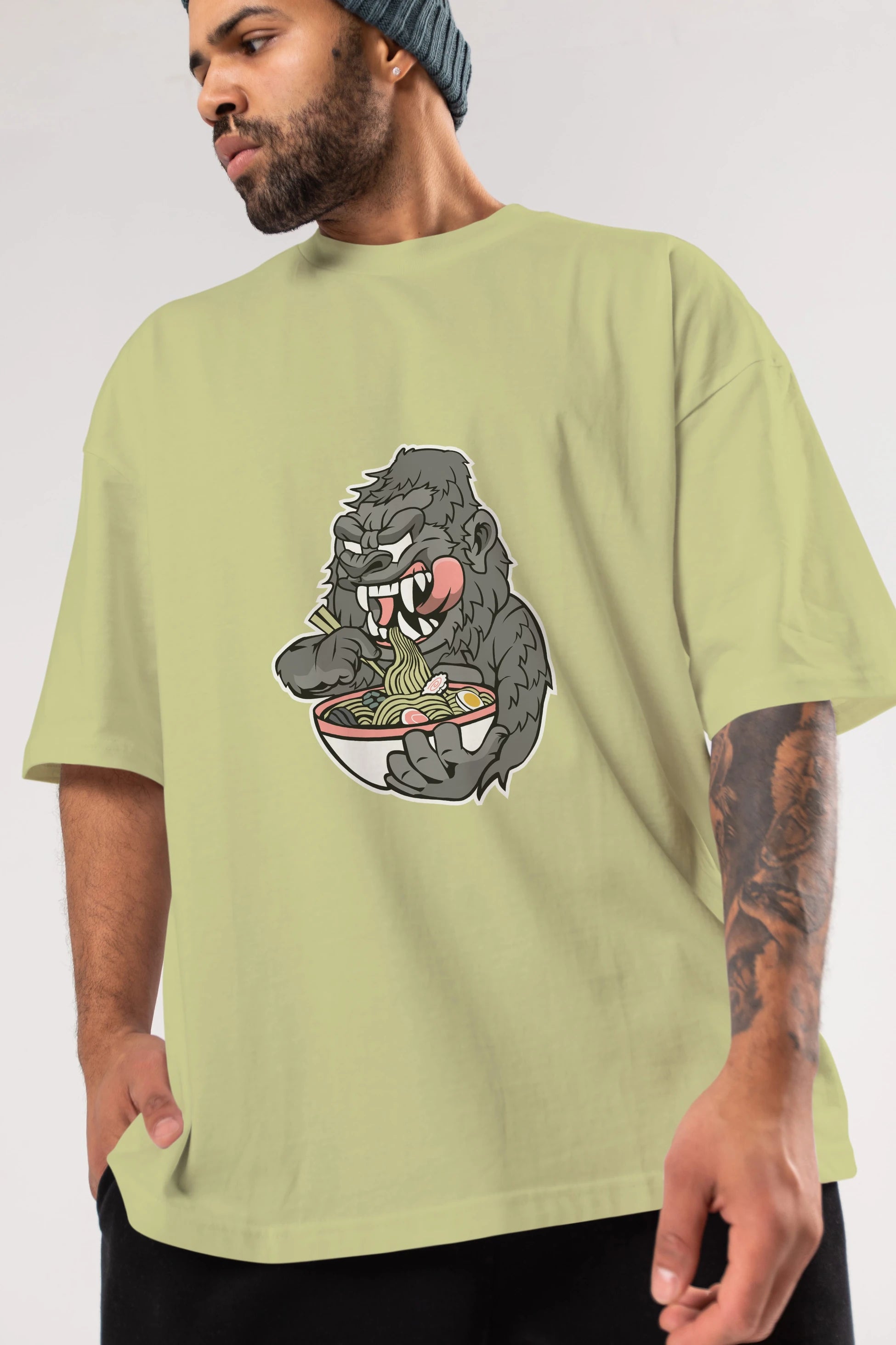 Big Gorilla Ramen Ön Baskılı Oversize t-shirt Erkek Kadın Unisex %100 Pamuk tişort