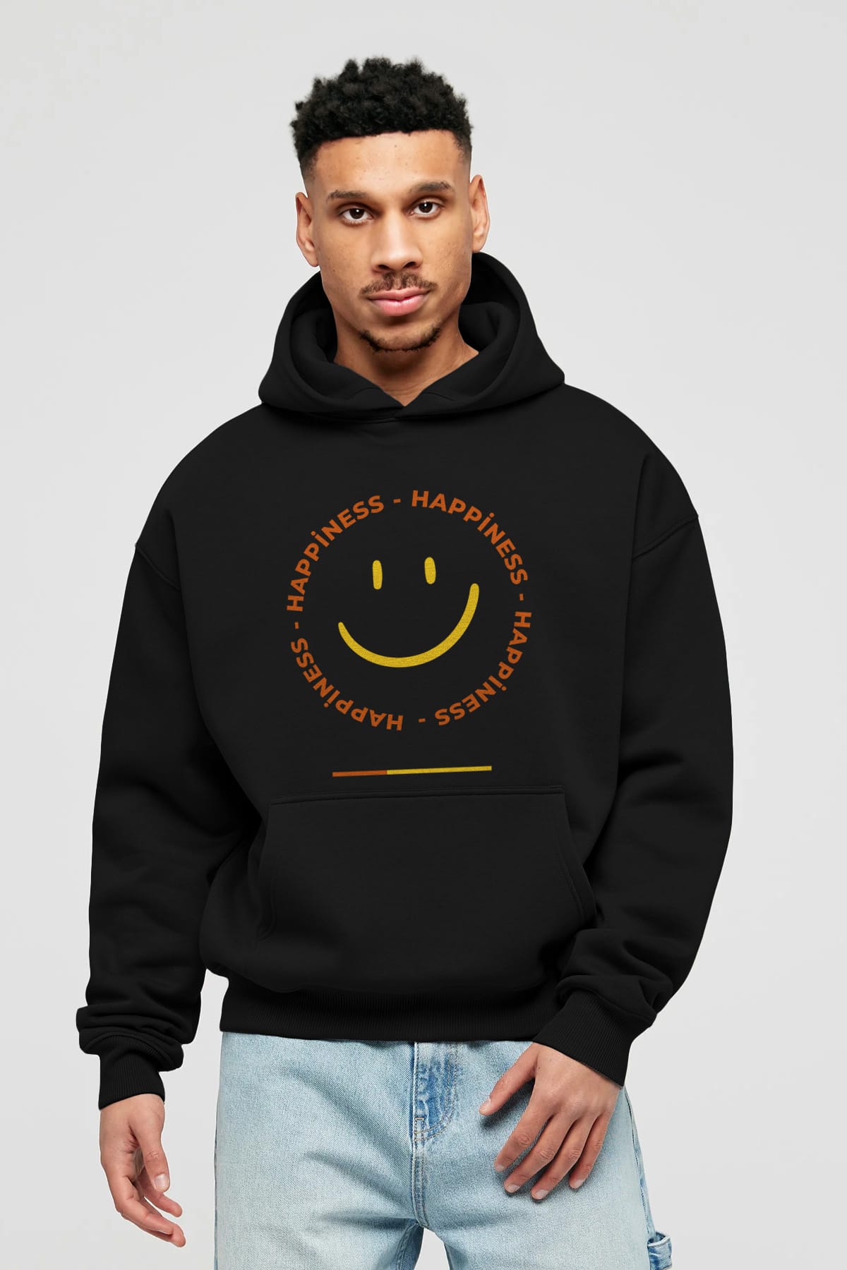 Happiness Smile Yazılı Ön Baskılı Oversize Hoodie Kapüşonlu Sweatshirt Erkek Kadın Unisex