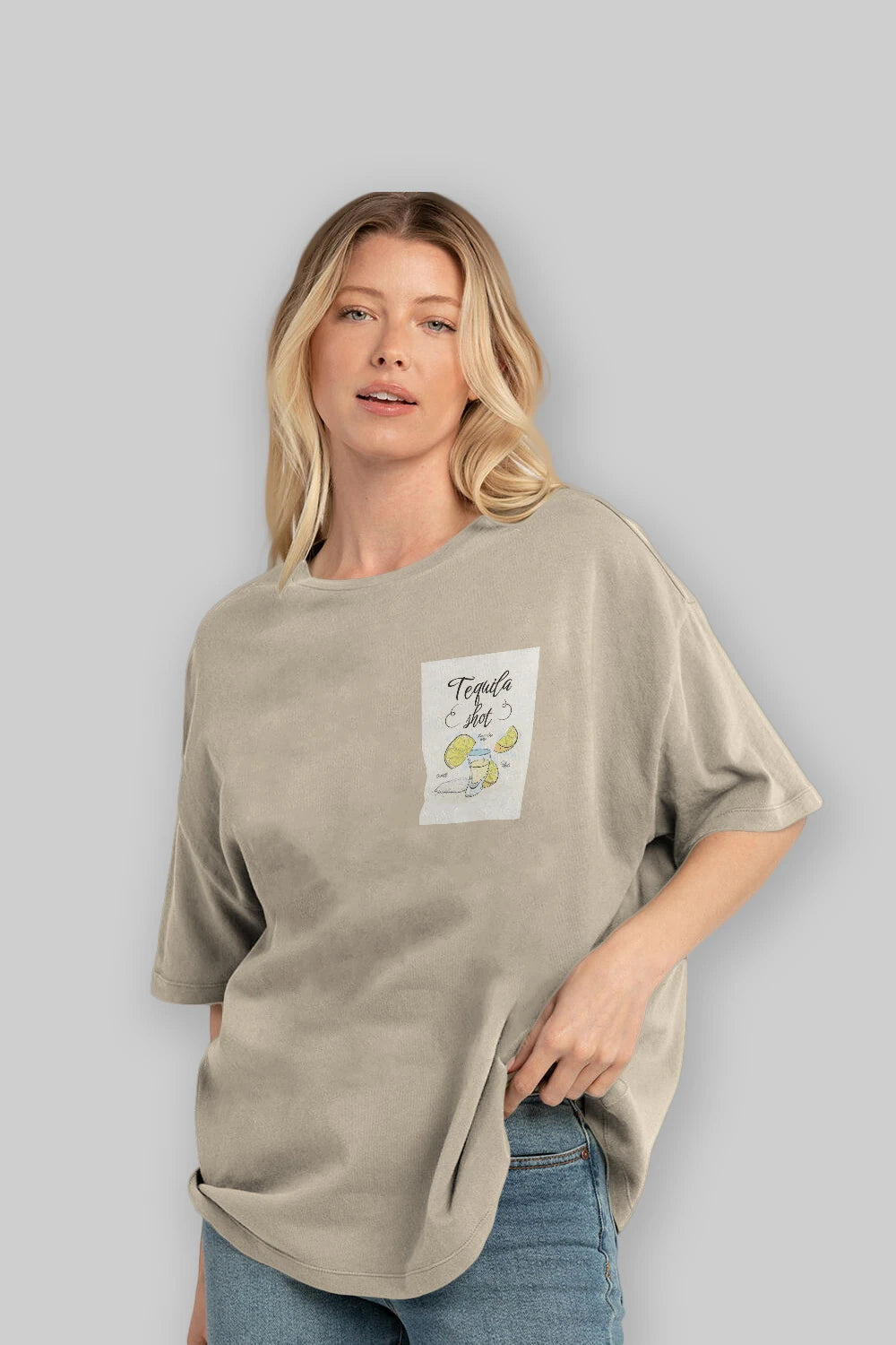 Tequila Shot Ön Sol Baskılı Oversize t-shirt Erkek Kadın Unisex %100 Pamuk Bisiklet Yaka tişort